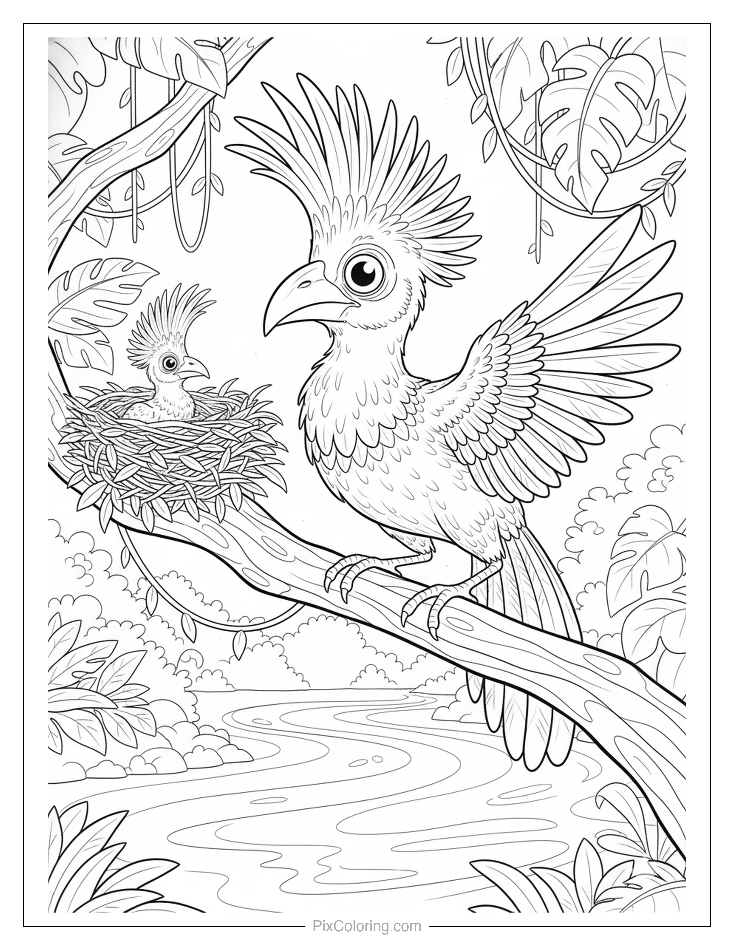 Exotic crested bird with spreading wings on a jungle branch with its baby chick in a nest, above a winding river coloring page for kids