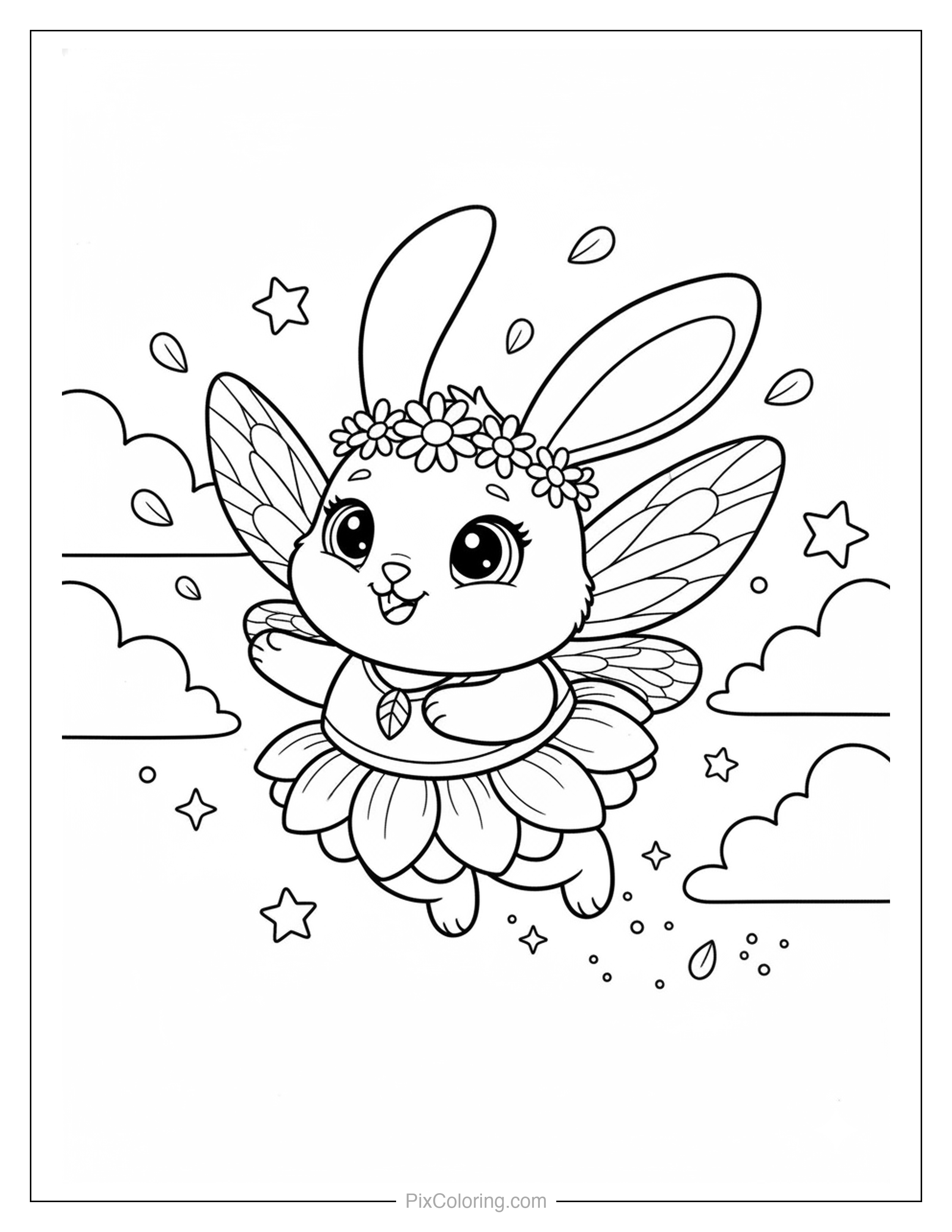 Cute fairy bunny with dragonfly wings and a flower crown flying through a sparkly sky coloring page for kids