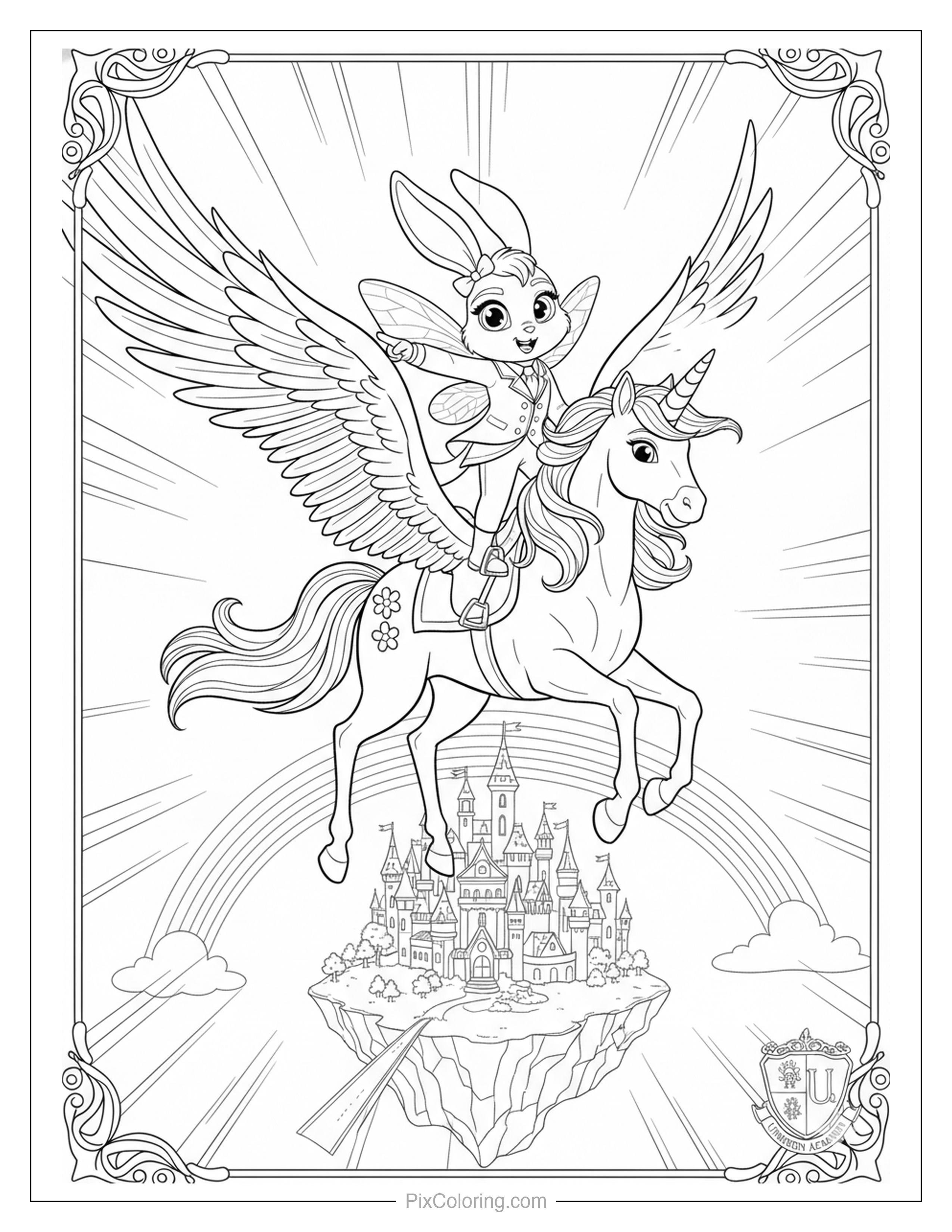 Fairy bunny riding a winged unicorn soaring above a floating castle island with a rainbow coloring page for kids