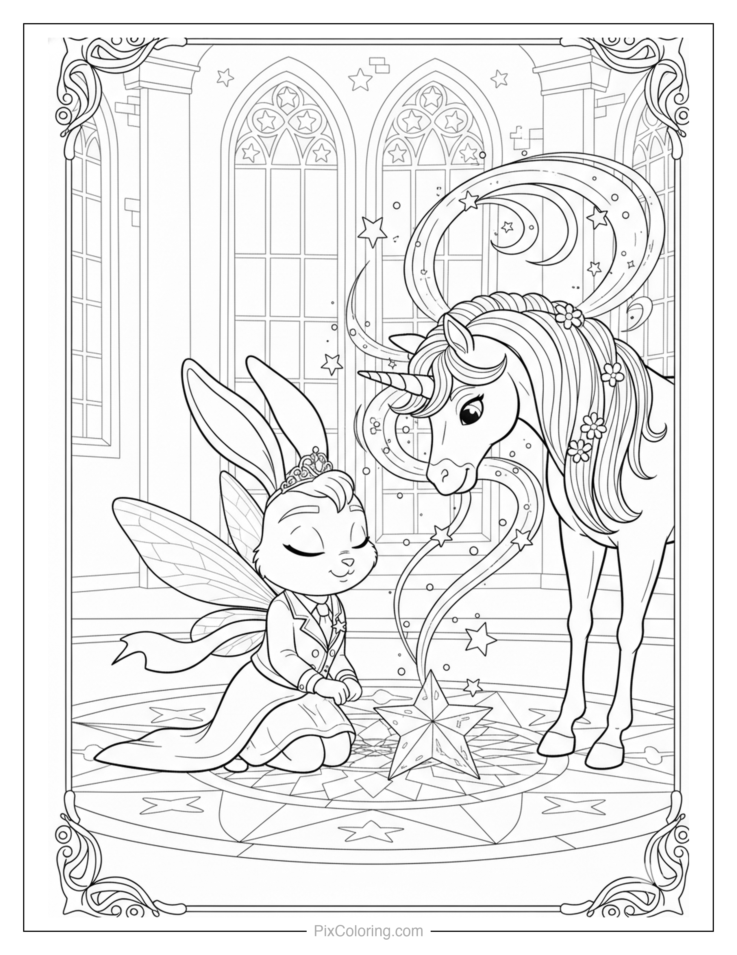 Fairy bunny princess kneeling before a unicorn in a grand enchanted hall with a mosaic floor coloring page for kids