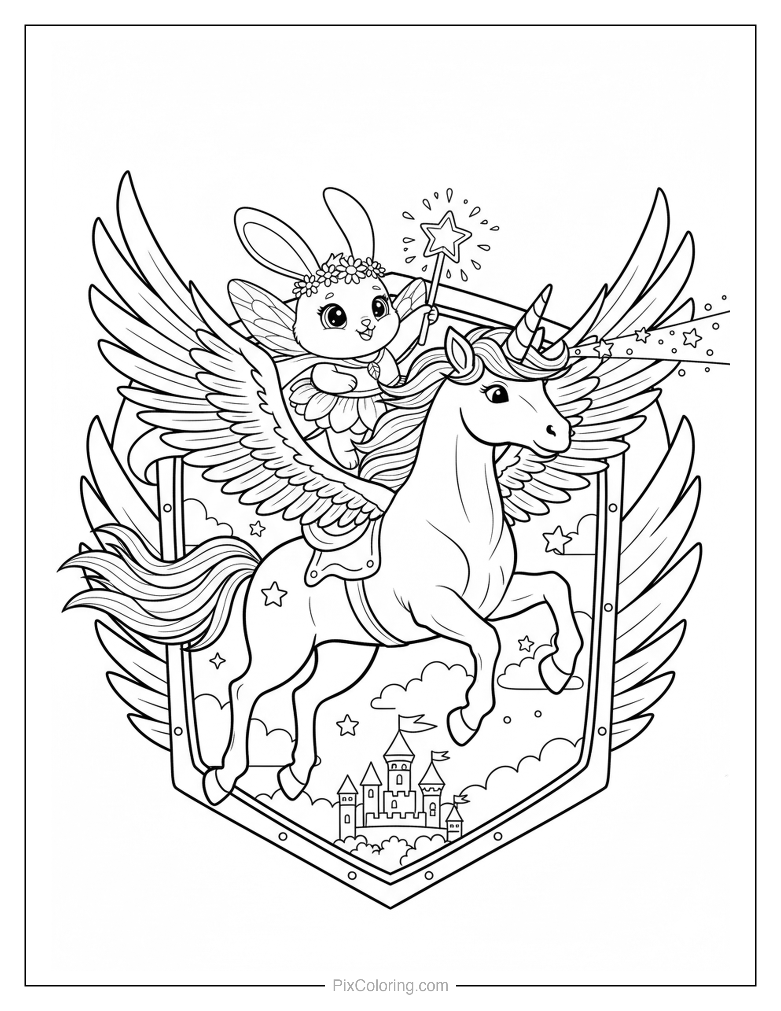 Fairy bunny with wings riding a winged unicorn past a castle framed in a magical crest coloring page for kids