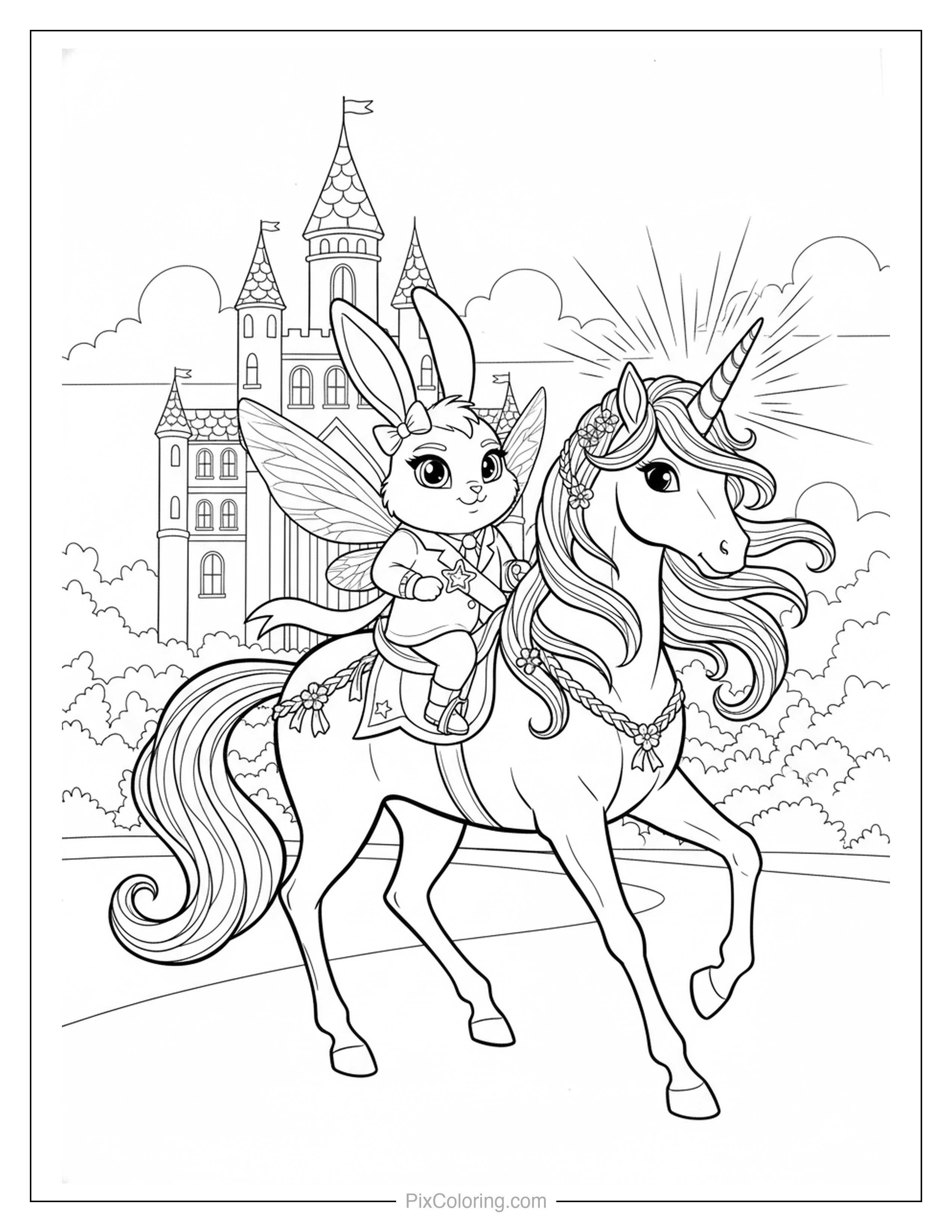 Fairy bunny riding a unicorn along a path with a glowing castle in the background coloring page for kids