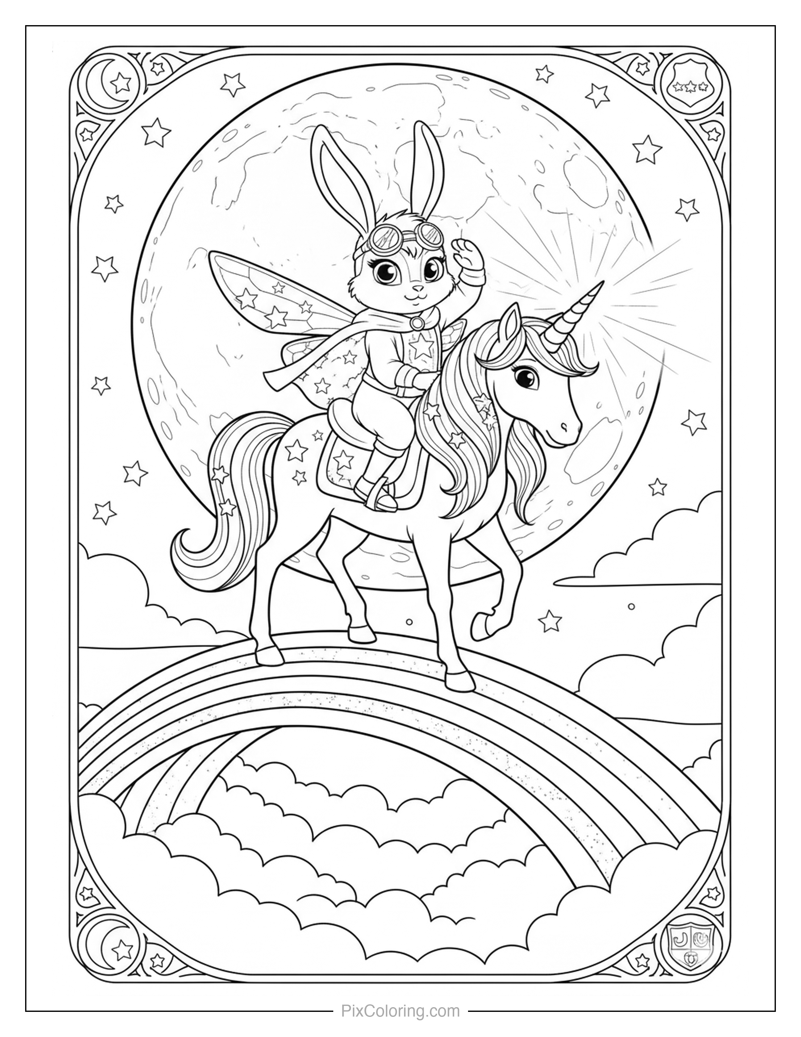 Fairy bunny astronaut riding a unicorn on a rainbow under a big full moon in a starry night sky coloring page for kids