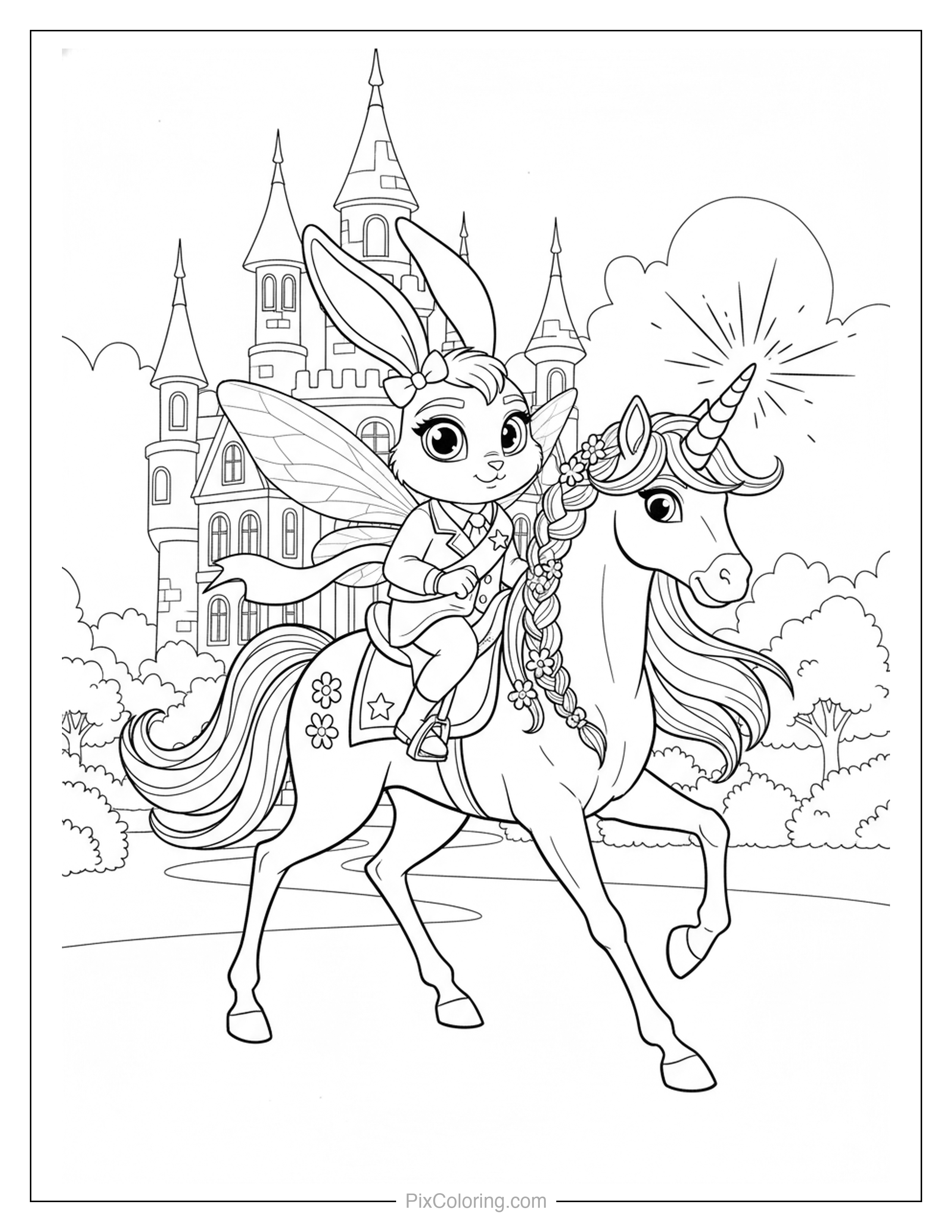 Fairy bunny with butterfly wings riding a unicorn through a castle garden at sunrise coloring page for kids