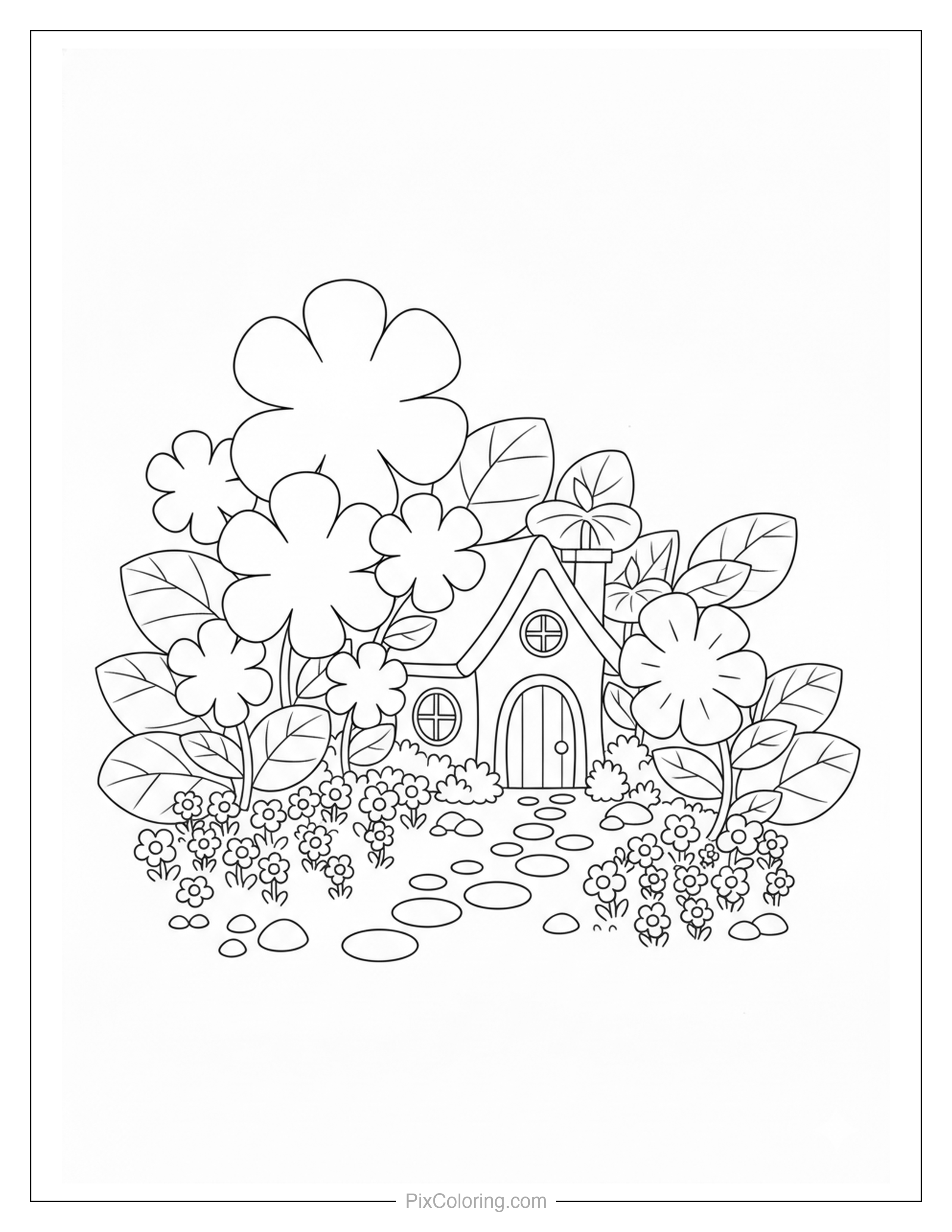 Small fairy cottage with a round window and door surrounded by giant colorful flowers and a stone pathway coloring page for kids