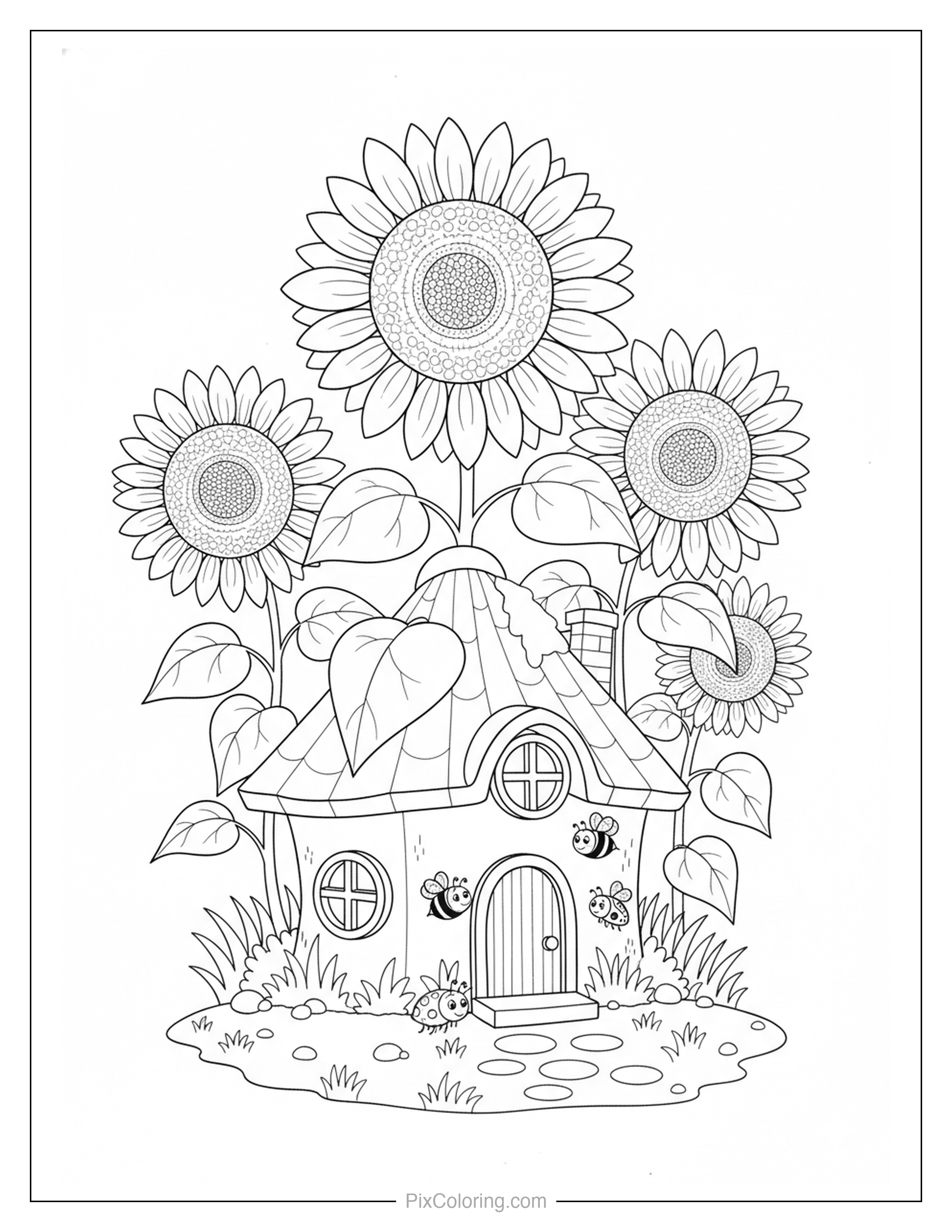 Sweet fairy cottage with a heart-shaped roof surrounded by tall sunflowers and buzzing bees with a stone path in front coloring page for kids