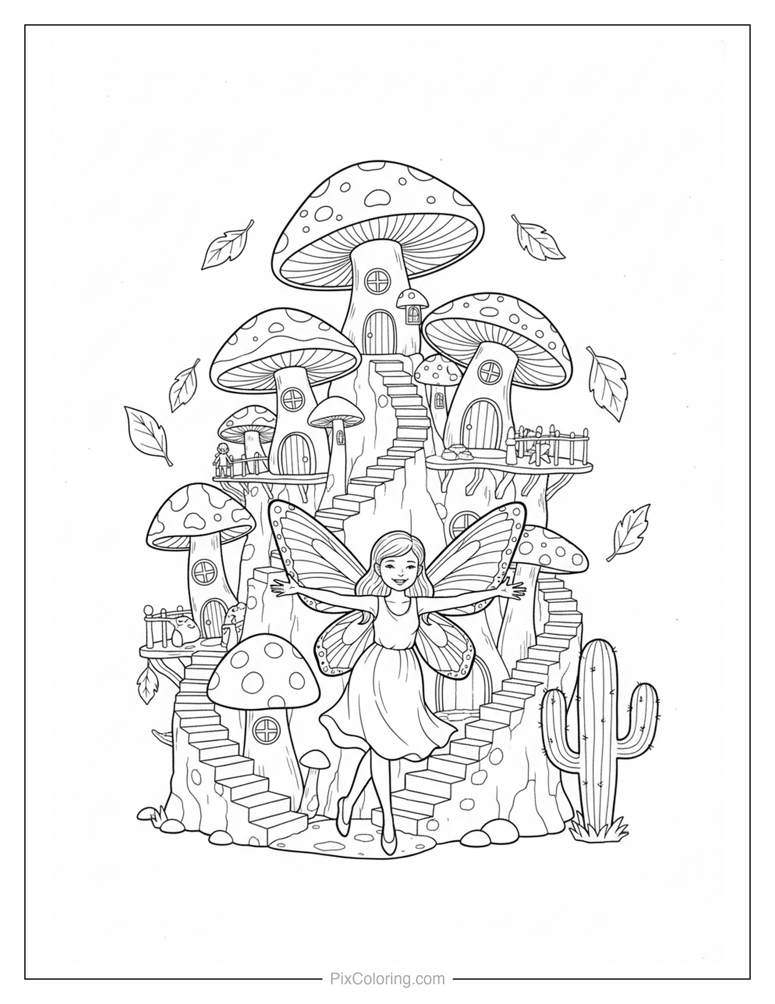 A beautiful fairy with butterfly wings dancing at the entrance of a tall stacked mushroom tower house with autumn leaves floating all around coloring page for kids