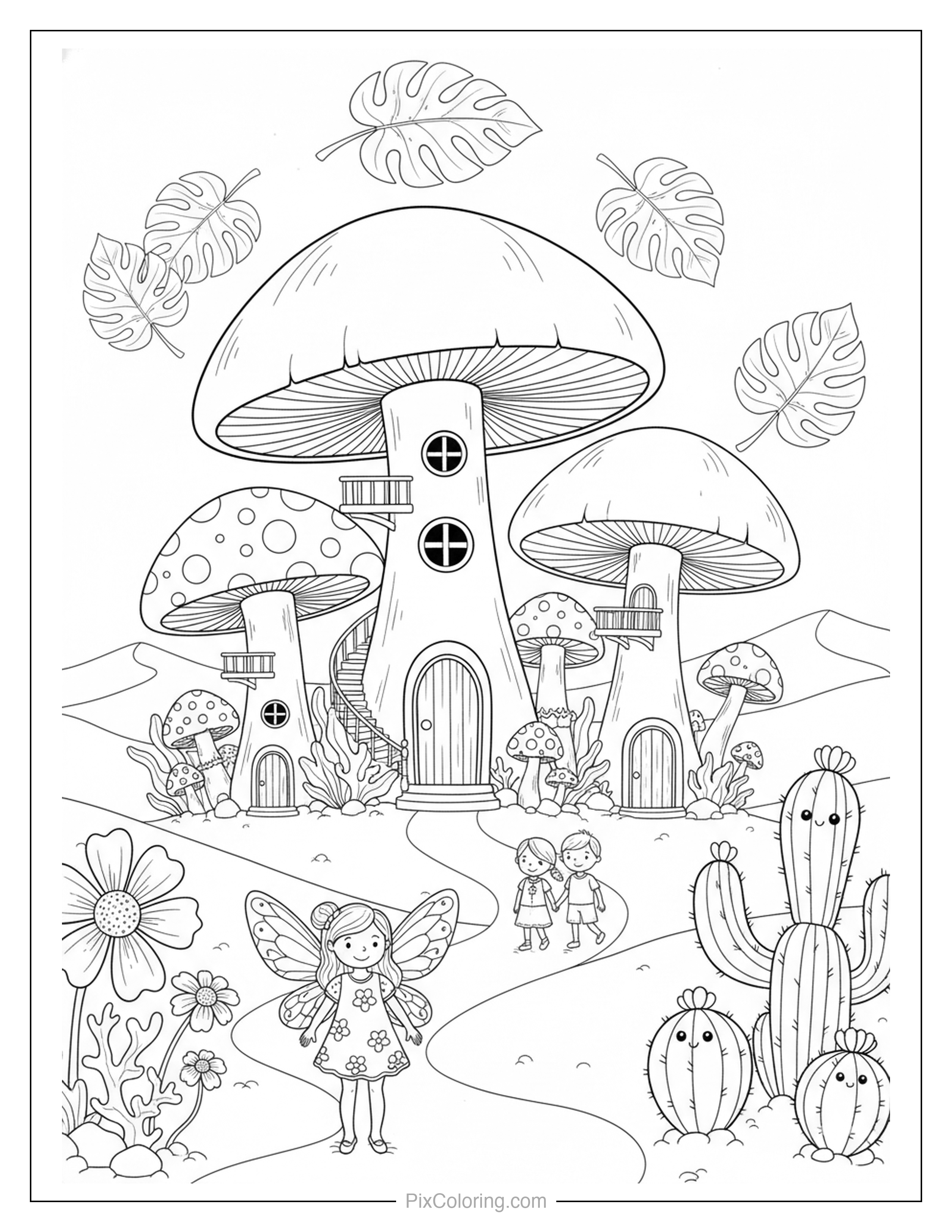 A pretty fairy with butterfly wings standing in front of tall mushroom houses with children, cacti, and colorful flowers in a magical village coloring page for kids