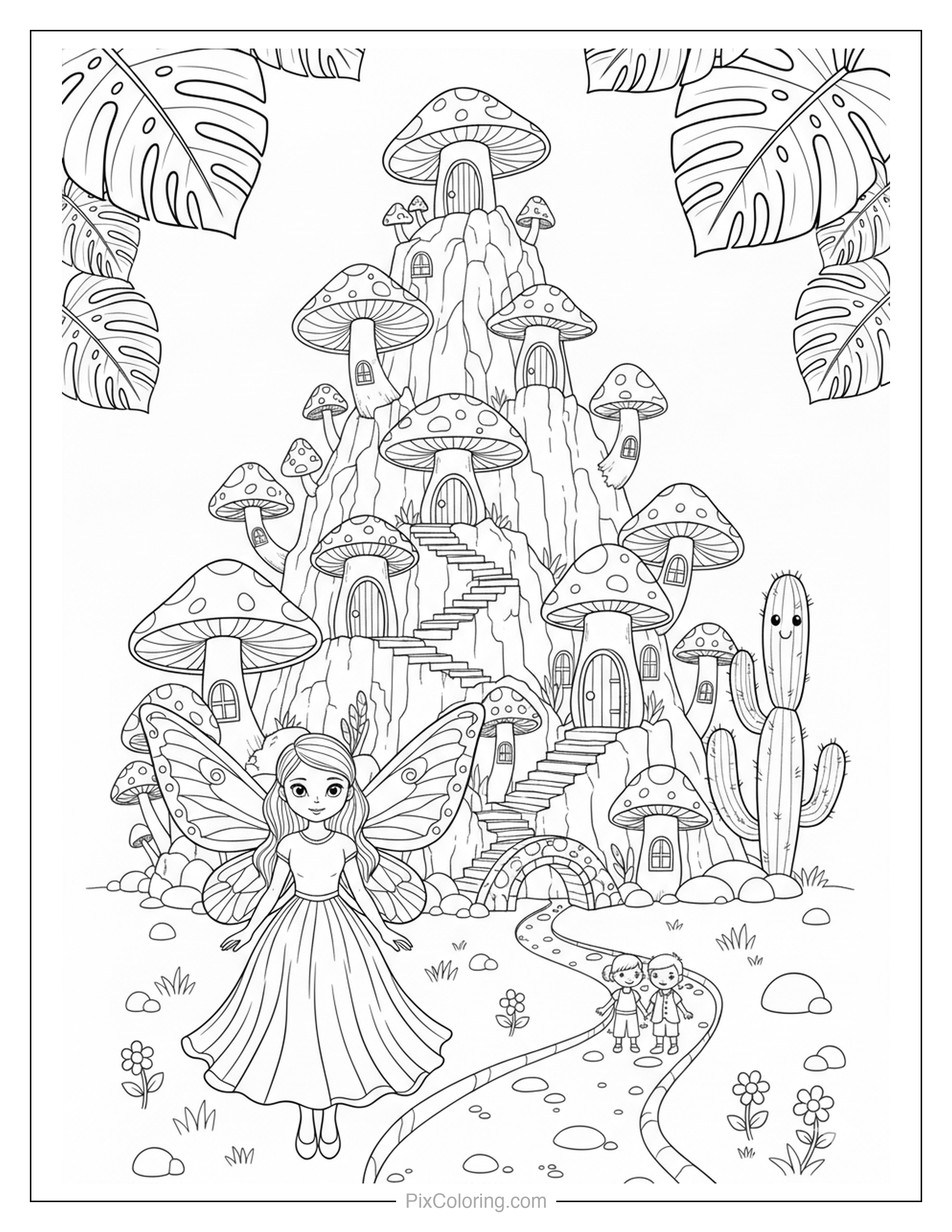A graceful fairy with large butterfly wings floating before a tall rocky tower covered with mushroom houses and staircases, with cacti and tiny children below coloring page for kids