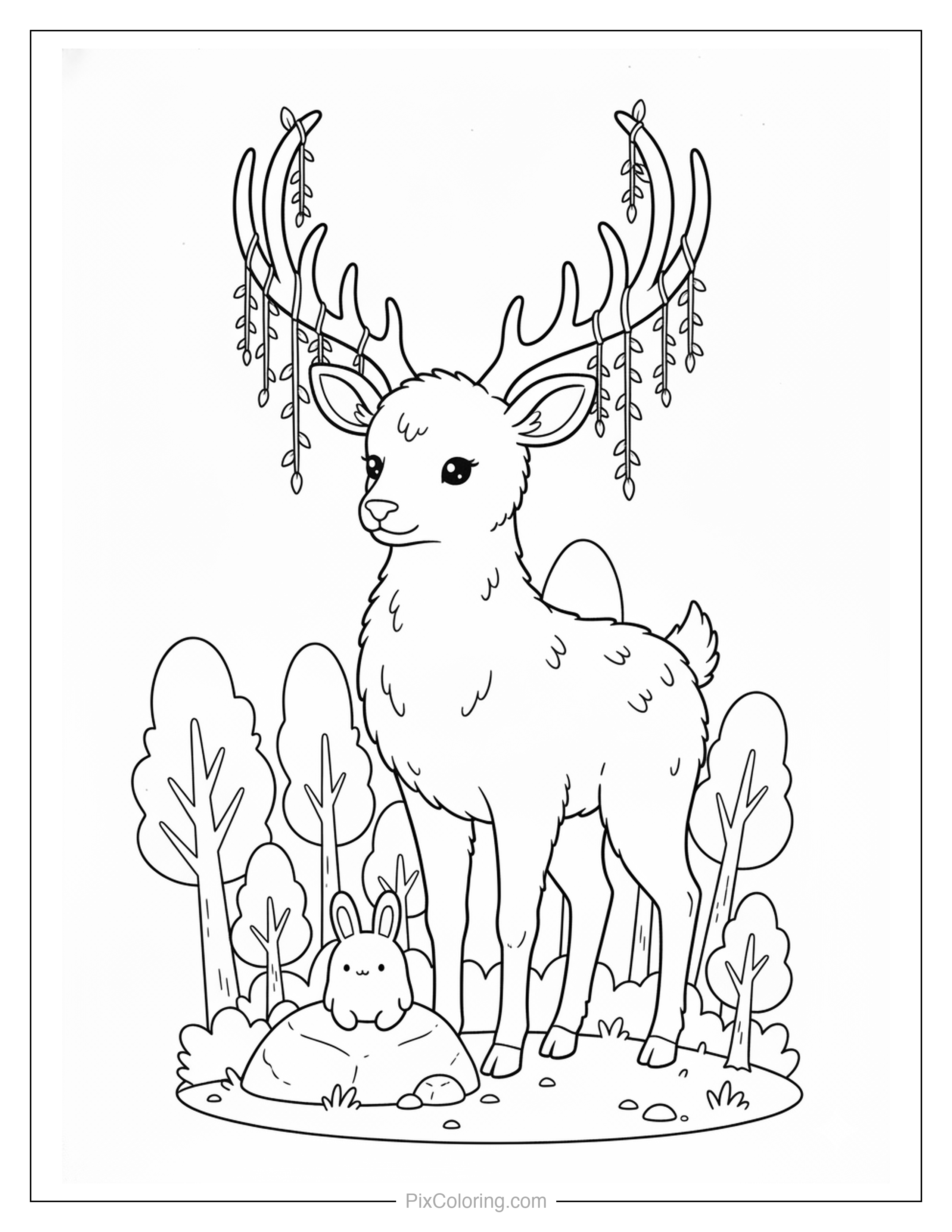 Cute fantasy deer with leafy antlers standing in a forest with a tiny bunny hiding behind a rock coloring page for kids