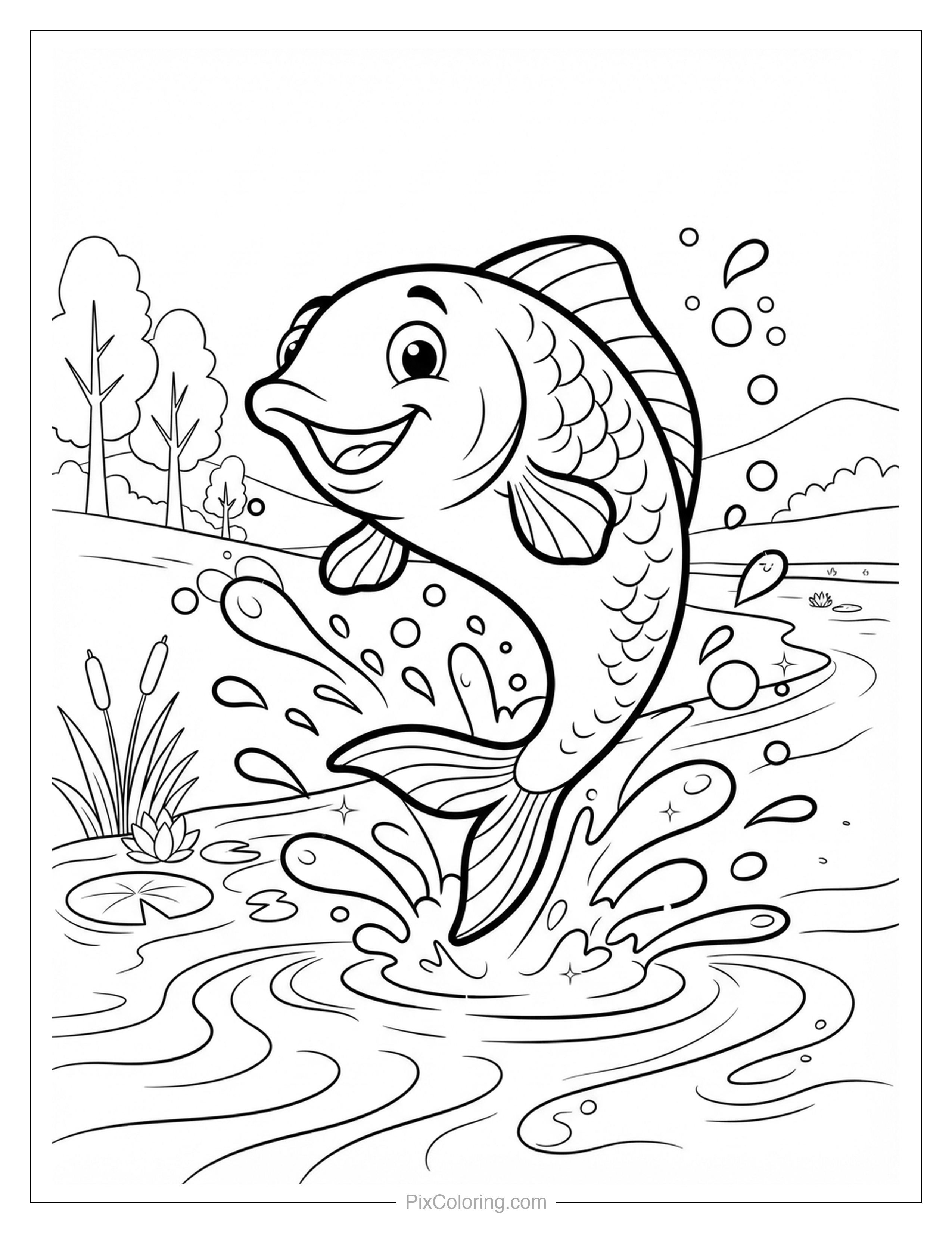 Happy fish leaping out of a pond with splashing water and bubbles coloring page for kids