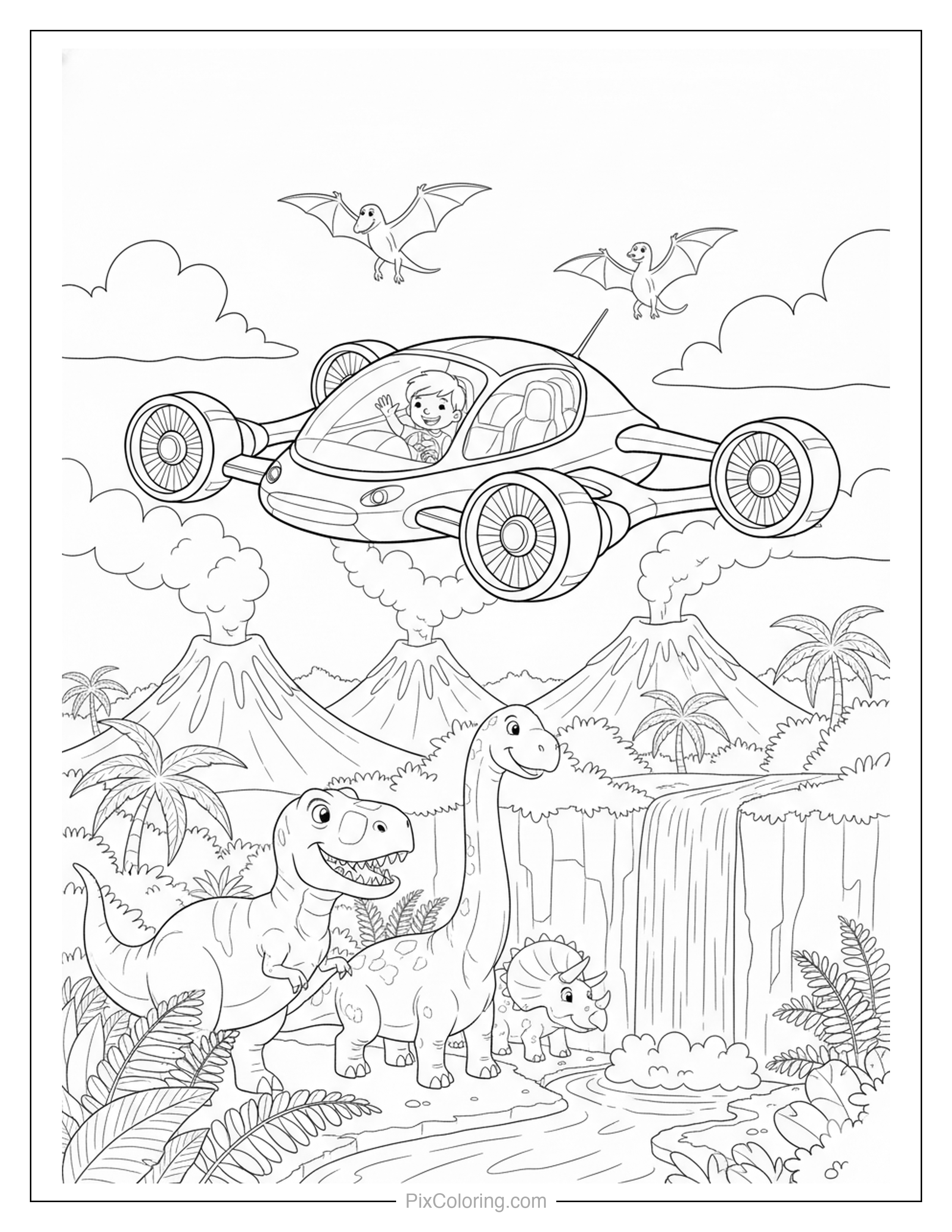 Futuristic flying car soaring over dinosaurs, volcanoes, and a waterfall in a prehistoric landscape coloring page for kids