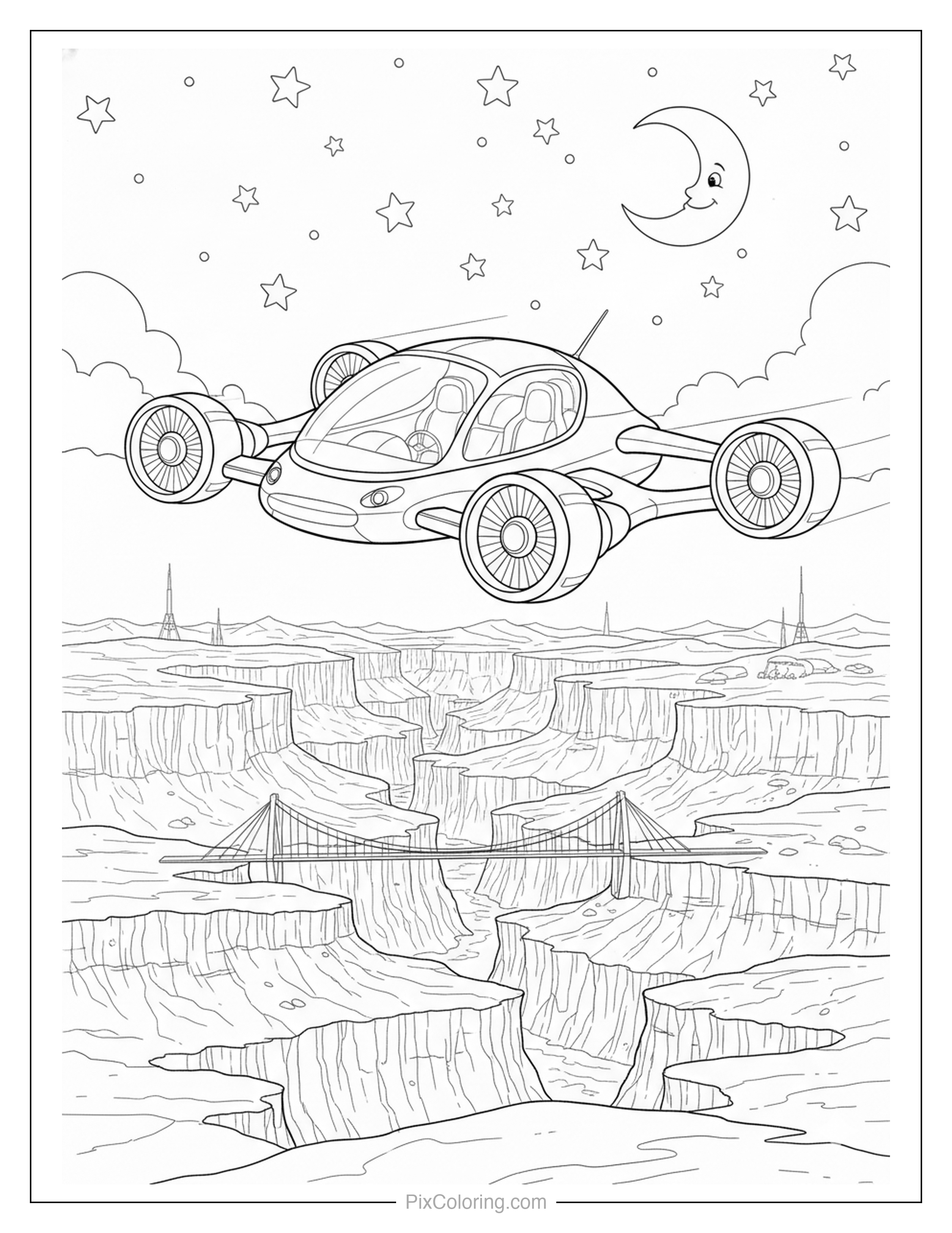 Futuristic flying car soaring over a canyon at night under a crescent moon and stars coloring page for kids