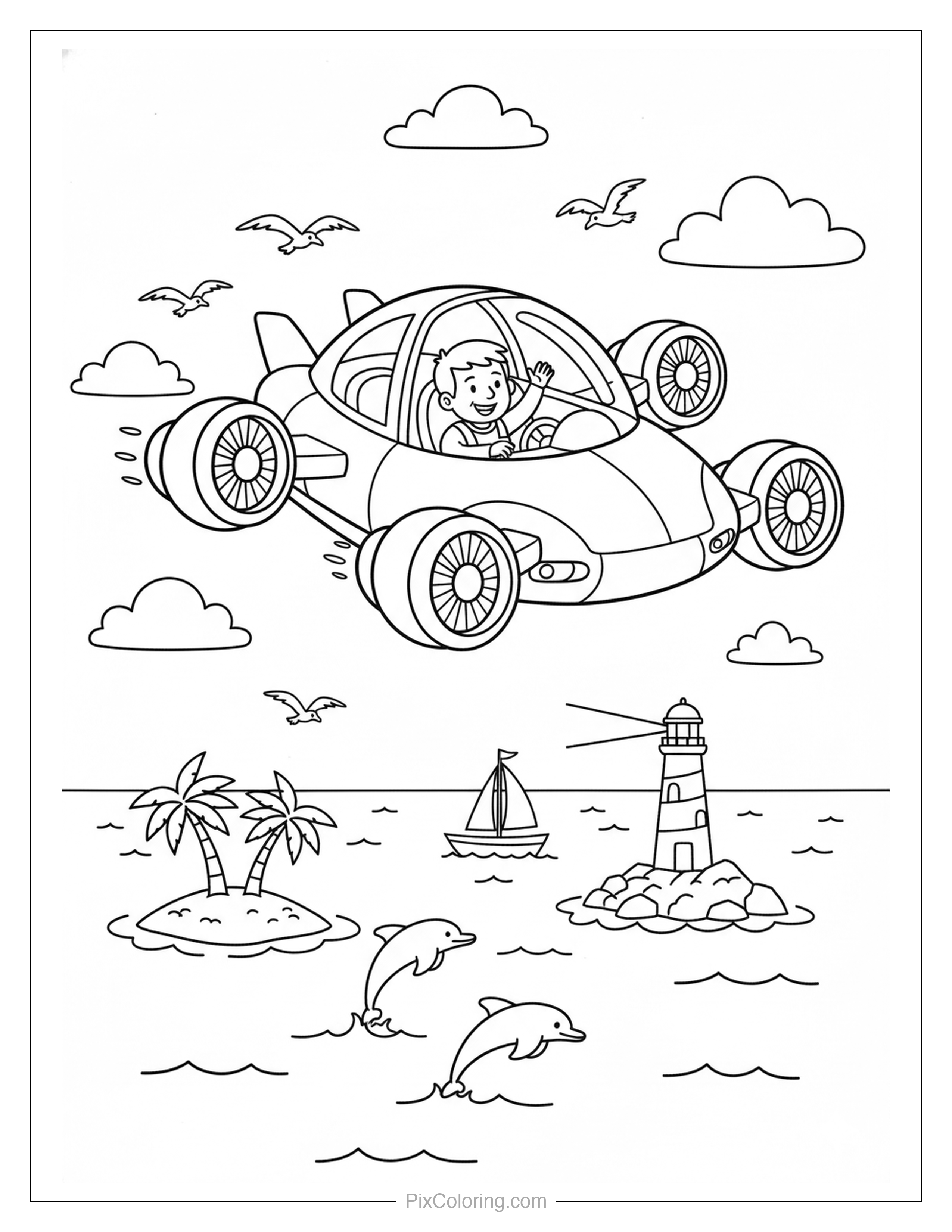 Futuristic flying car soaring over the ocean with dolphins, a lighthouse, and tropical islands below coloring page for kids
