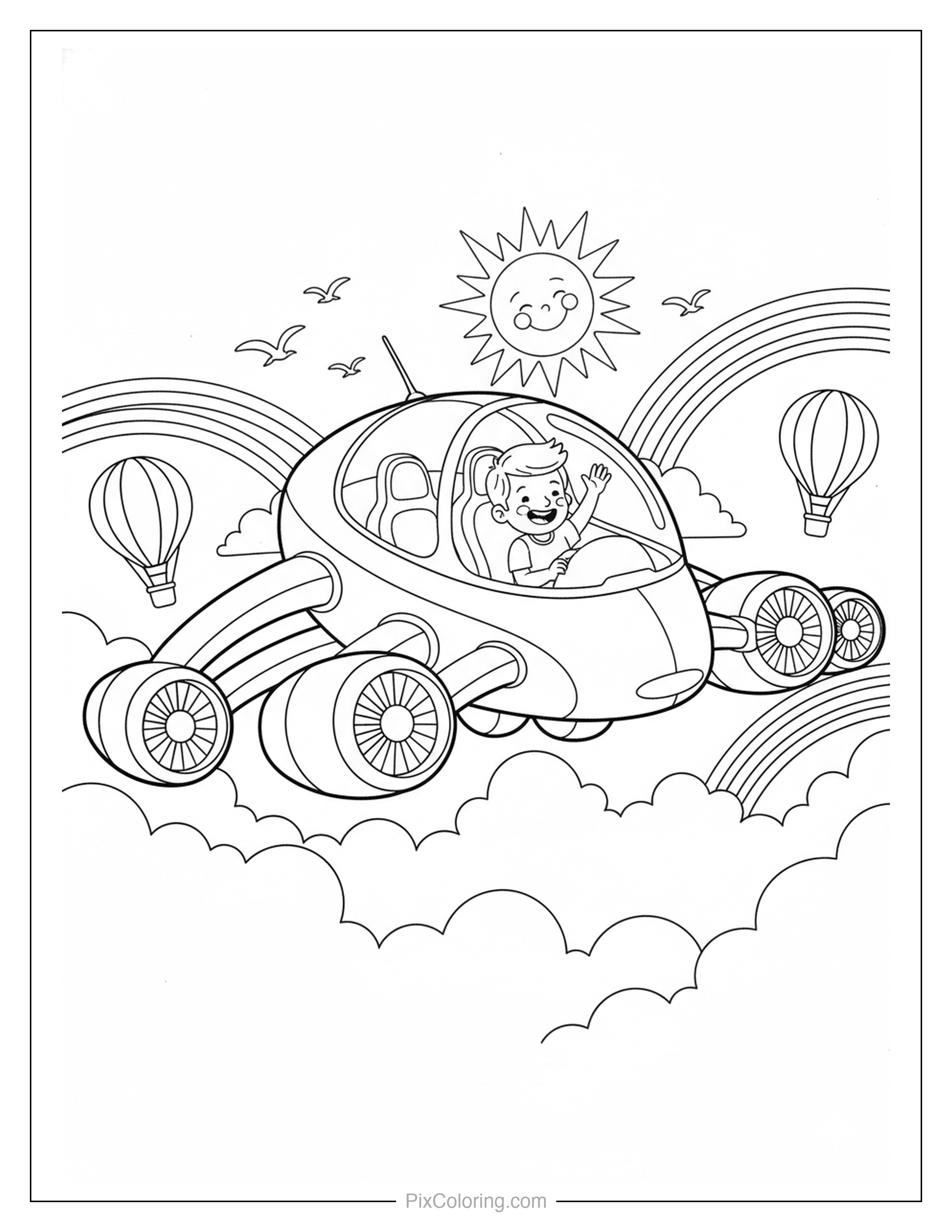Futuristic flying car with a child pilot soaring through clouds with rainbows and hot air balloons coloring page for kids