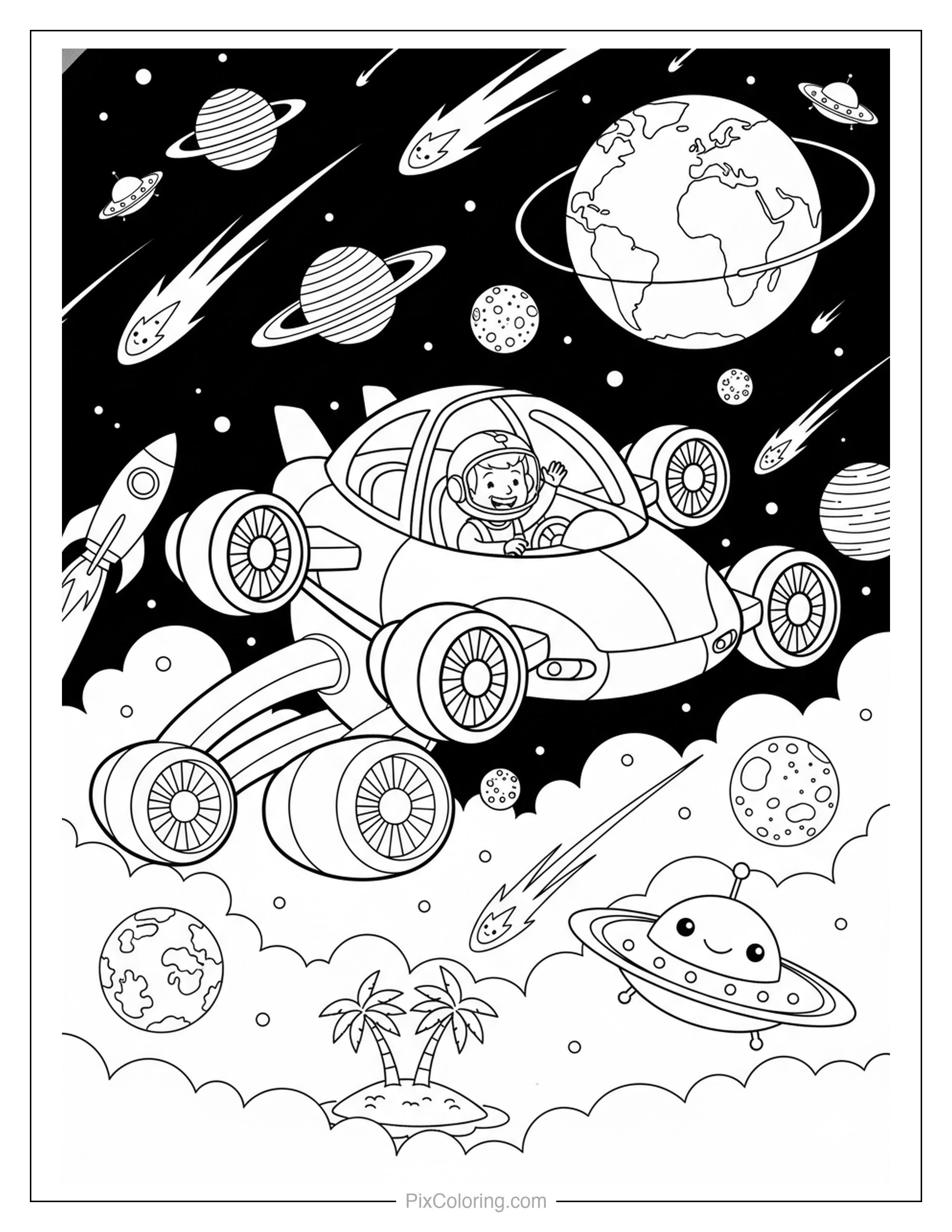 Futuristic flying car zooming through space past planets, comets, and a friendly UFO coloring page for kids