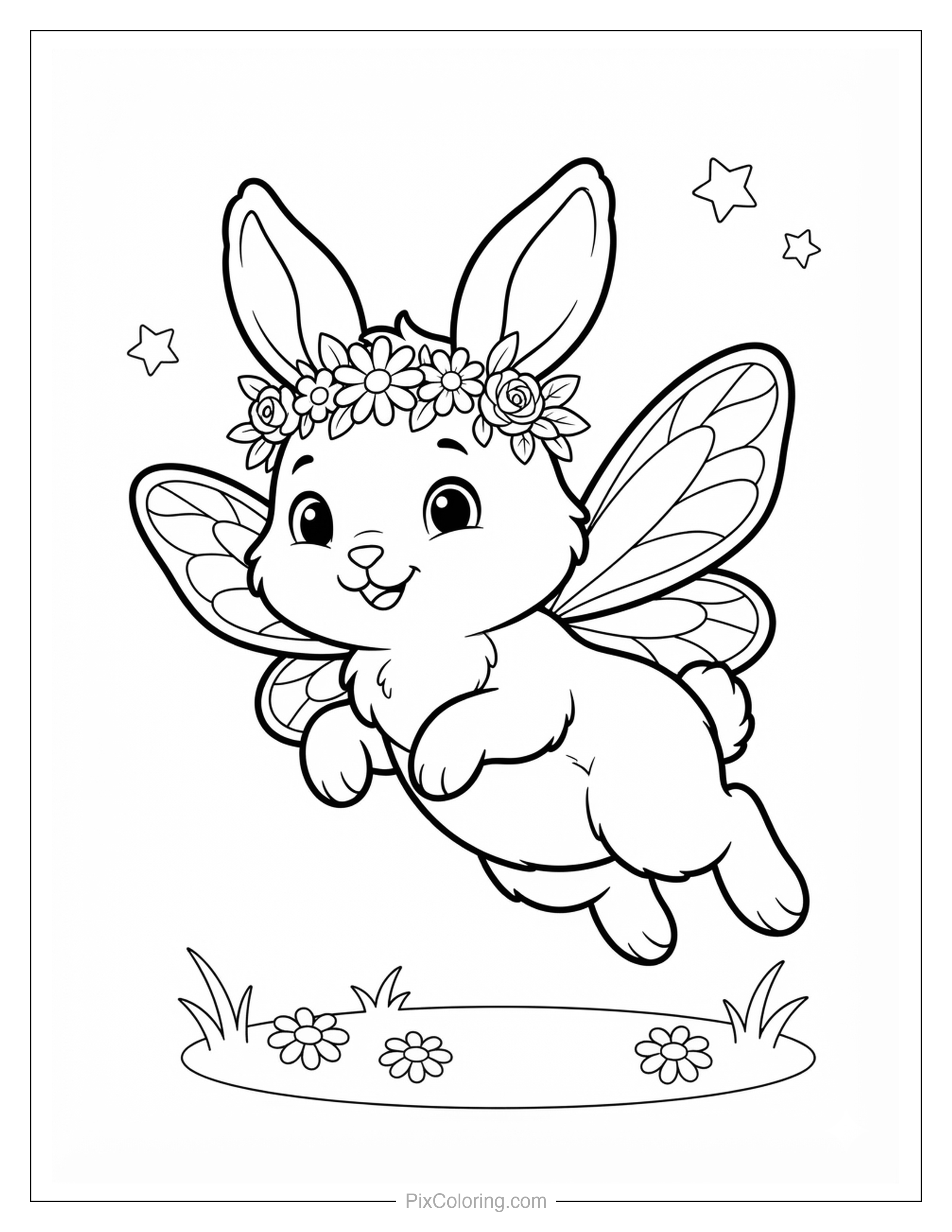 Cute cartoon fairy bunny with butterfly wings and a flower crown flying among stars coloring page for kids