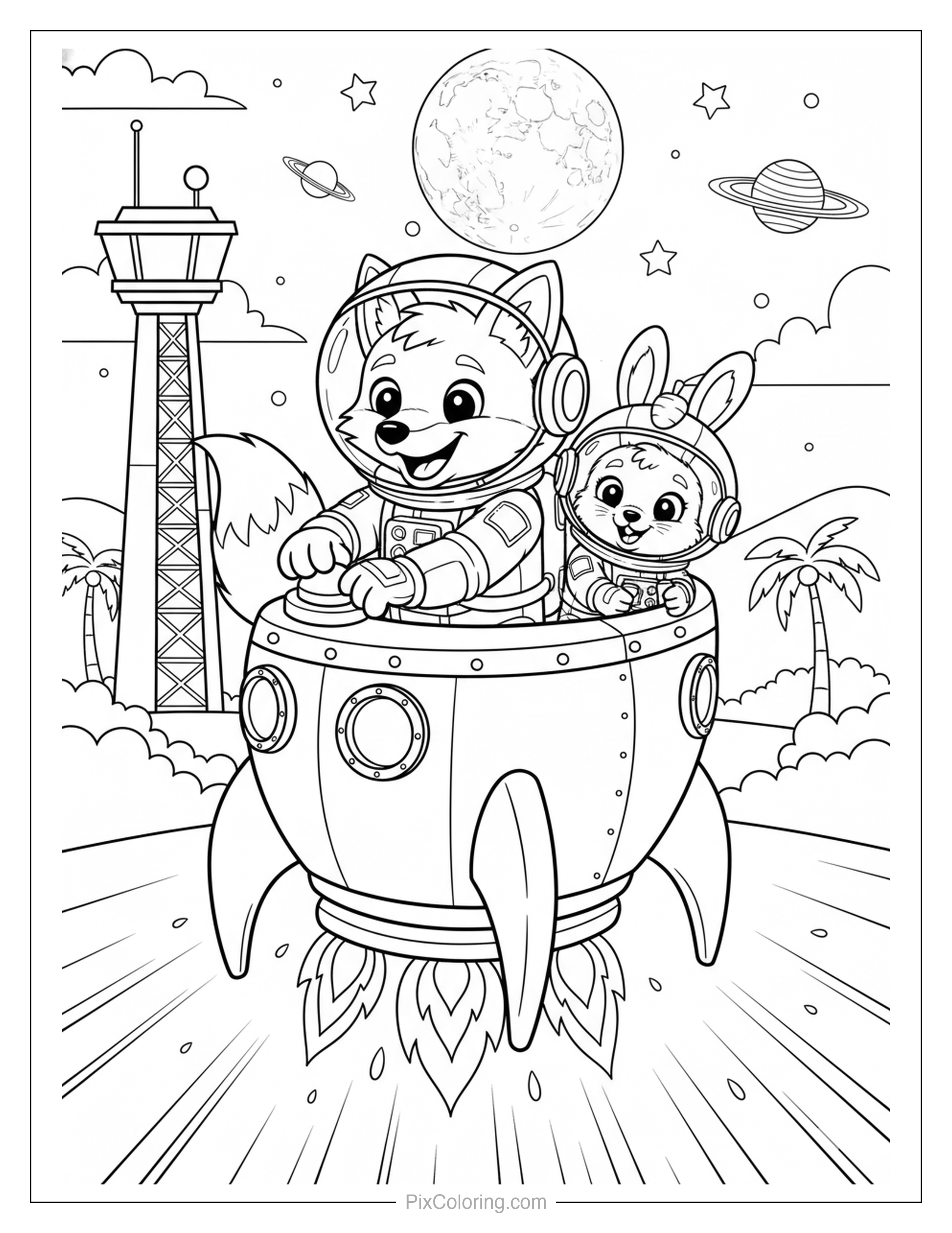 A fox and bunny in astronaut suits inside a launching rocket ship with planets, moons, and a launch tower in the background coloring page for kids