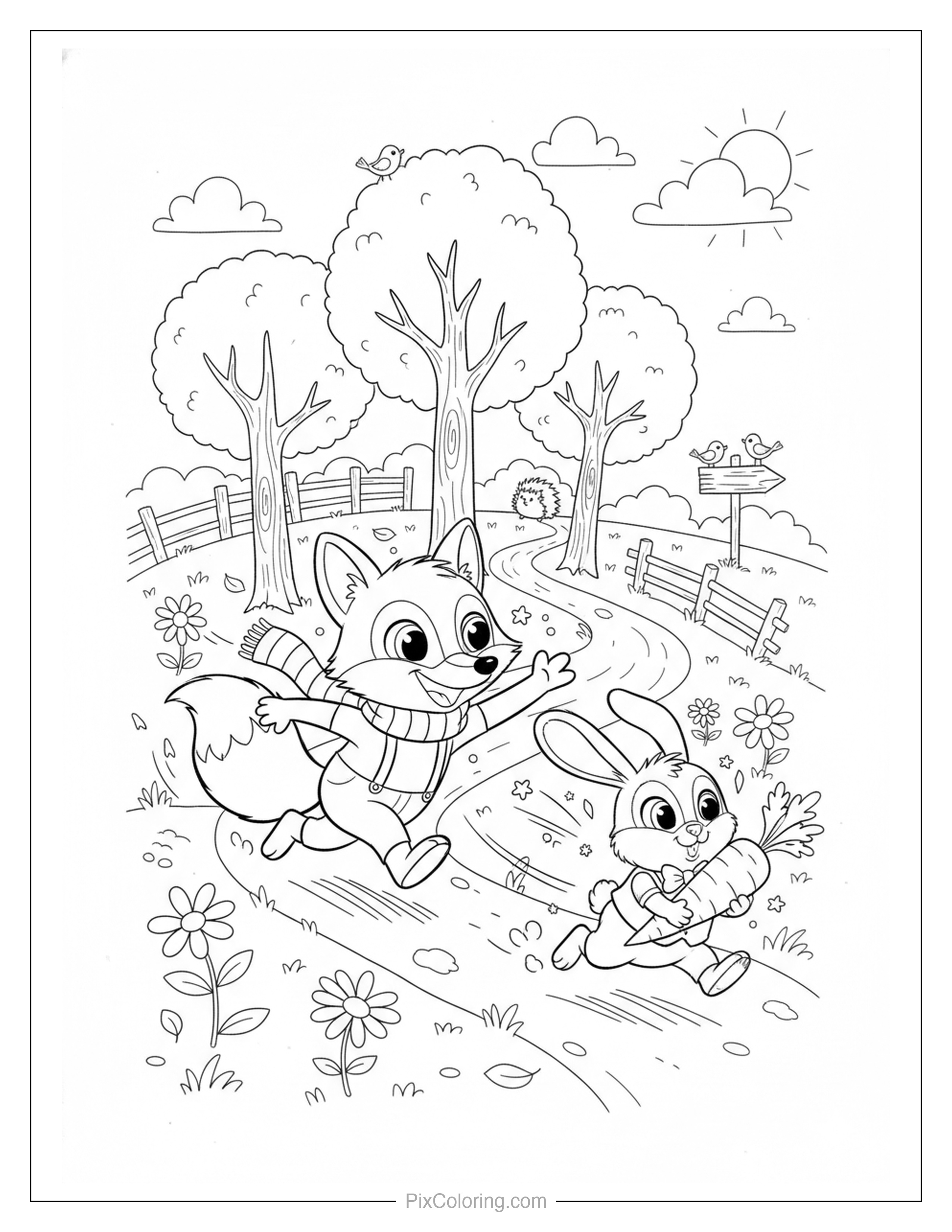 A cheerful fox wearing a scarf and a bunny carrying a carrot running together on a winding autumn country path with trees and a hedgehog coloring page for kids
