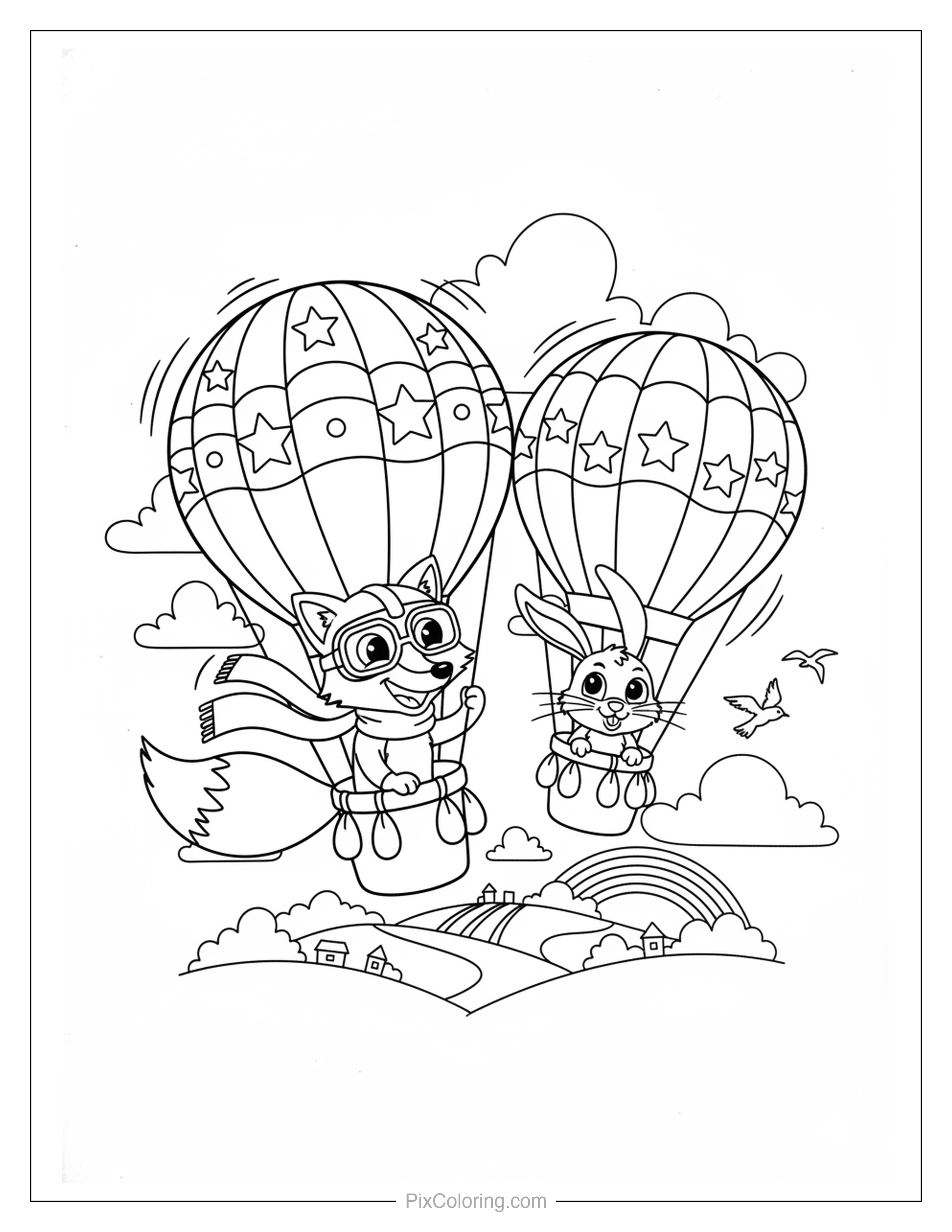 A fox wearing goggles and a bunny each floating in their own star-patterned hot air balloon over a green countryside with a rainbow below coloring page for kids