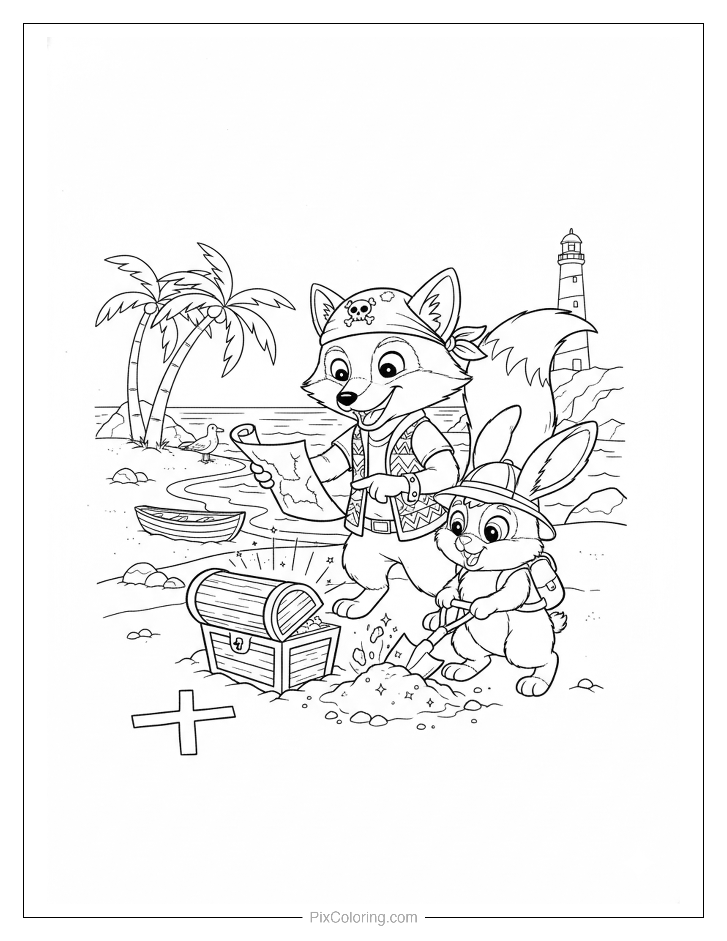 A fox in a pirate hat reading a treasure map and a bunny digging up a glowing treasure chest on a tropical beach with a lighthouse coloring page for kids