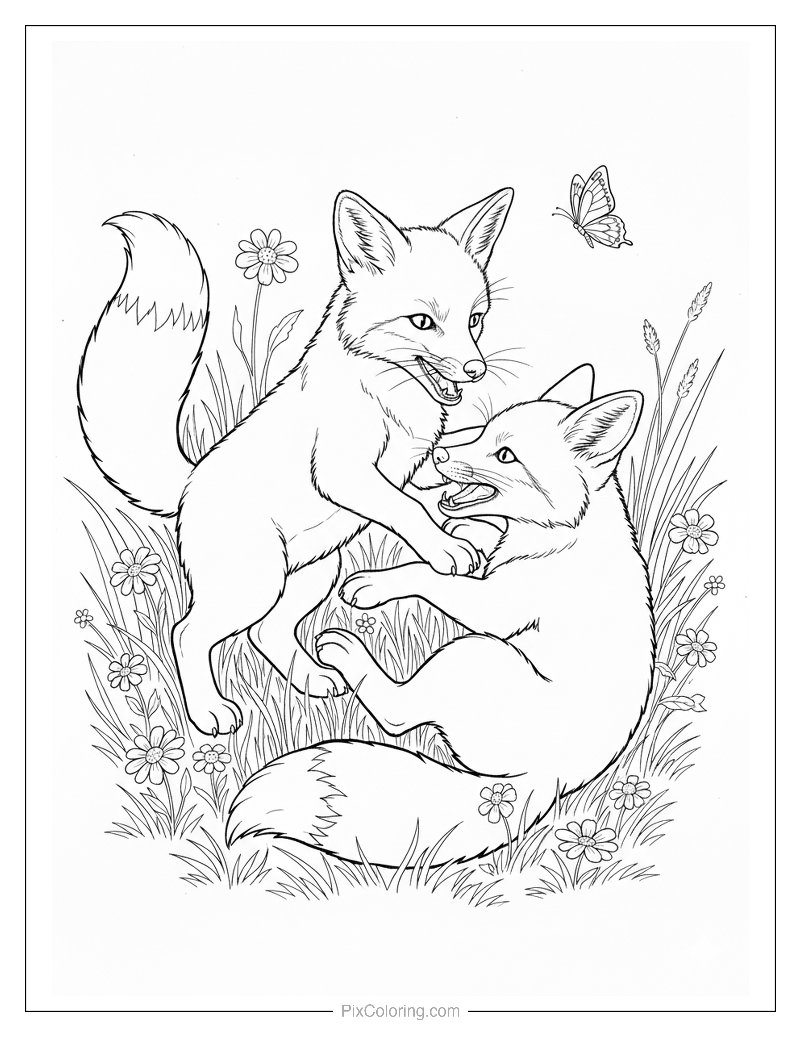 Two fox cubs play fighting in a flower meadow with a butterfly flying above coloring page for kids