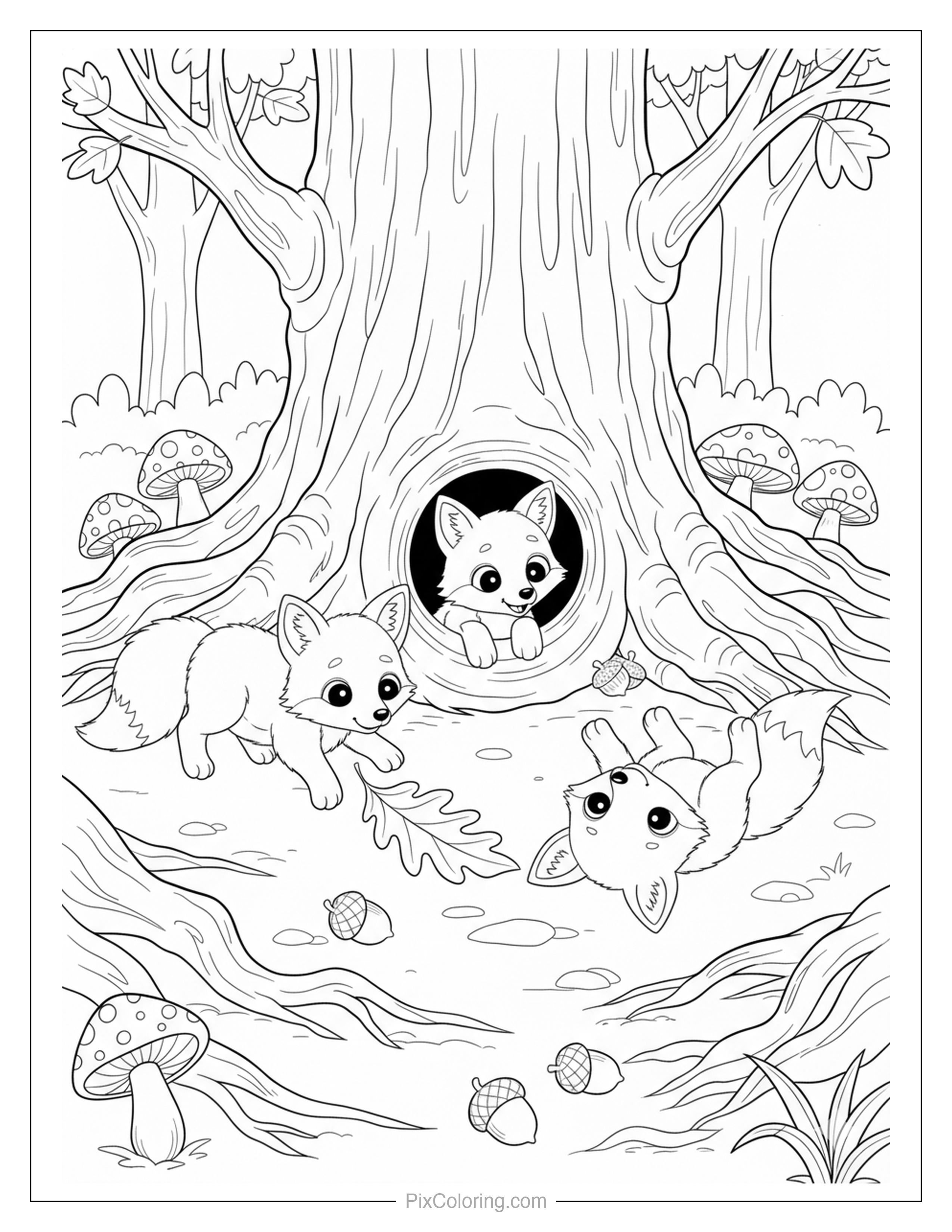 Cute cartoon fox cubs playing near a hollow tree with mushrooms and acorns coloring page for kids