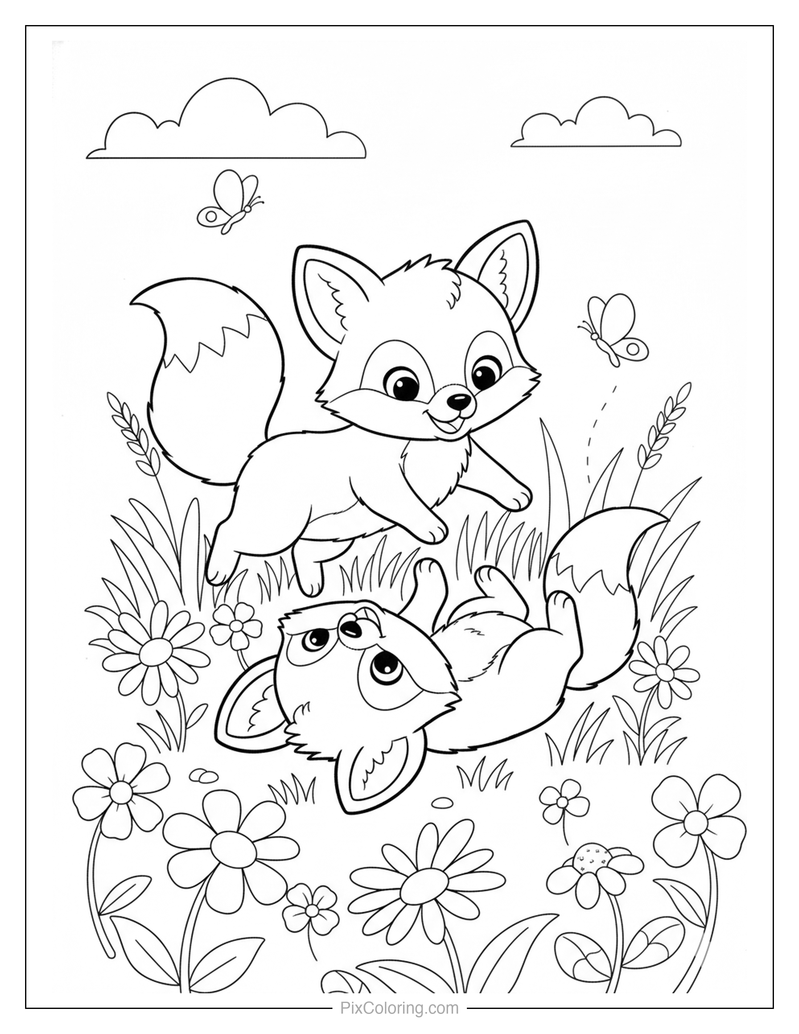 Cute cartoon fox cubs playing and tumbling in a flower meadow with butterflies coloring page for kids