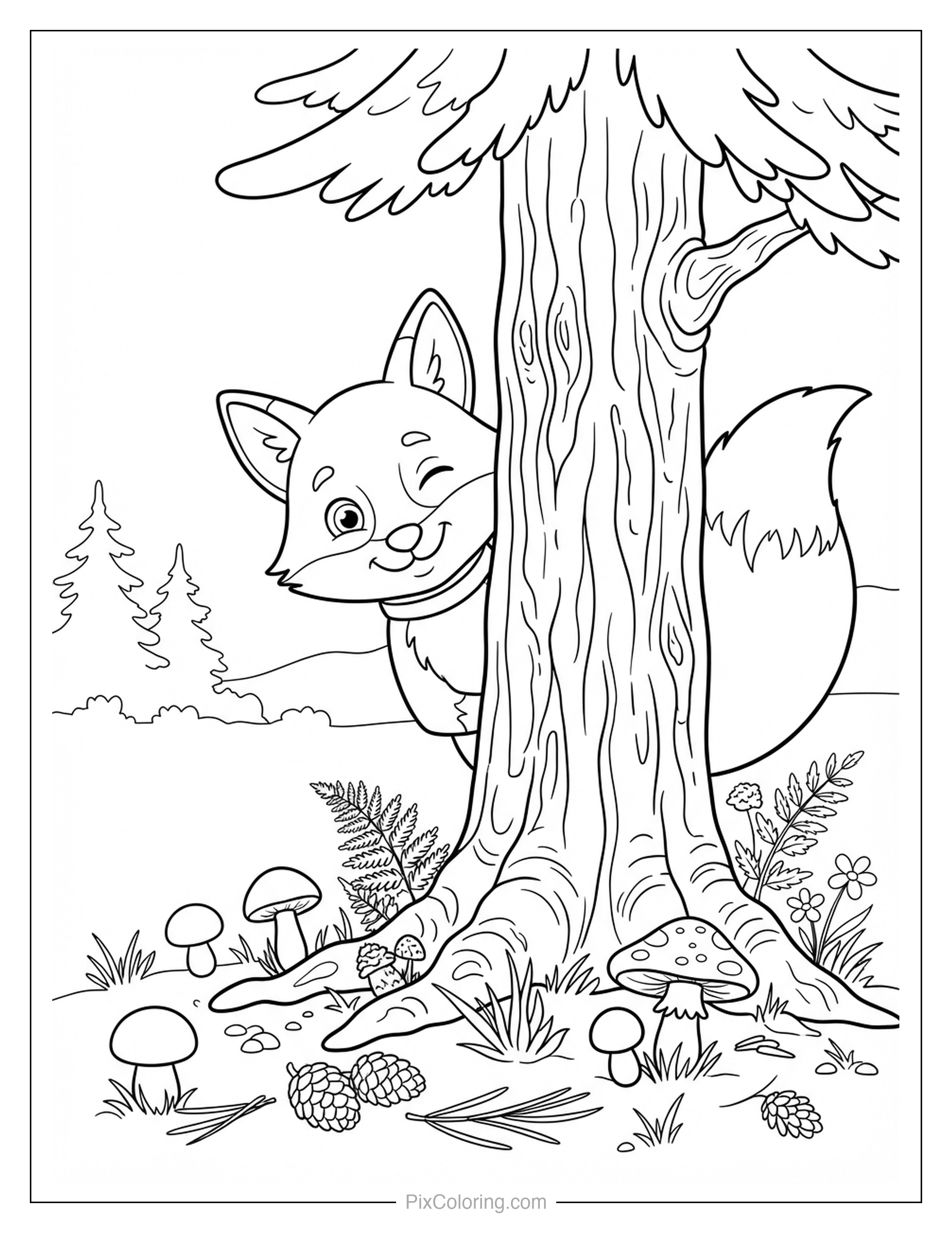 Playful fox winking and peeking out from behind a tree trunk surrounded by mushrooms coloring page for kids