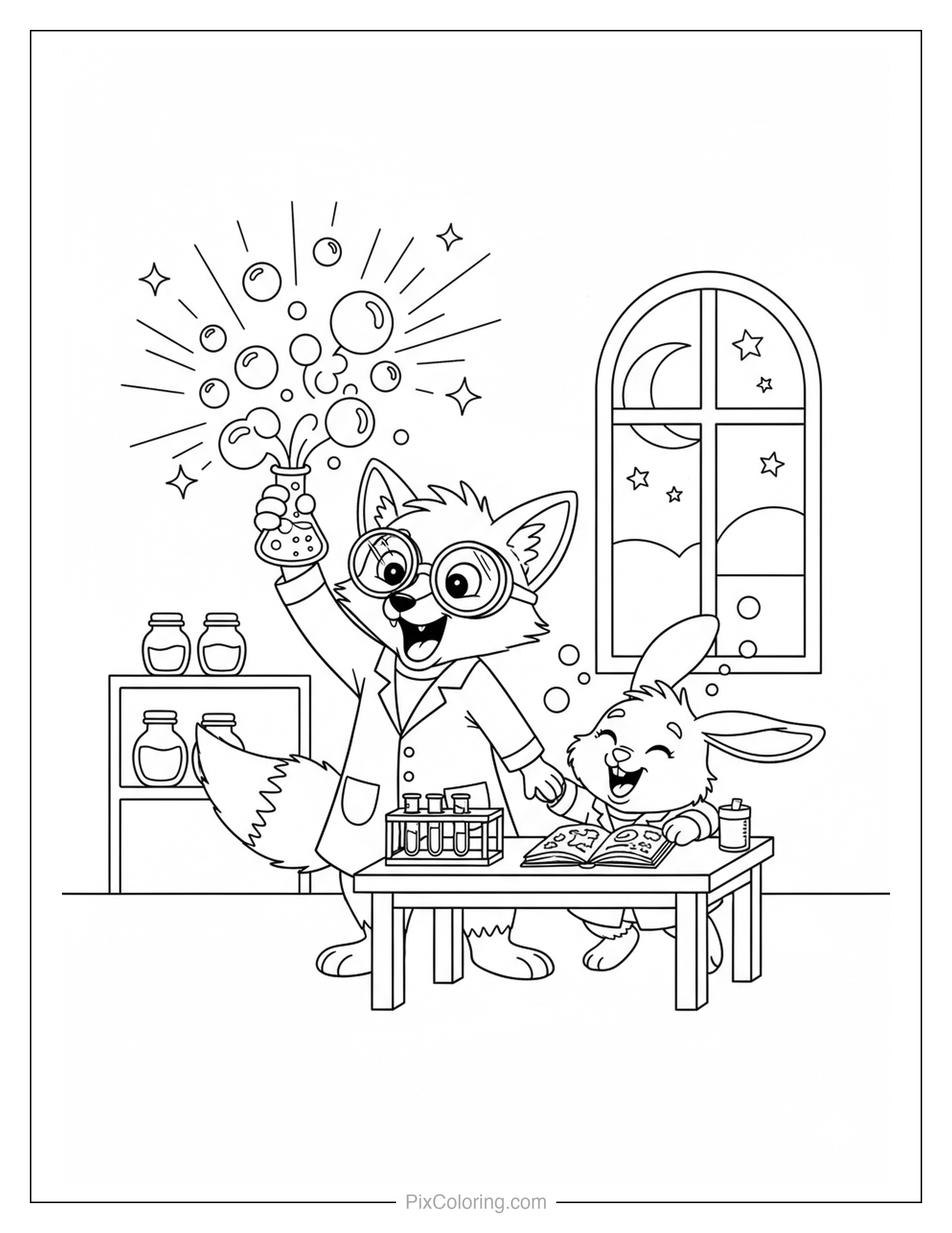 A fox in goggles and a lab coat excitedly holding a bubbling potion while a bunny reads a book in a nighttime science lab coloring page for kids