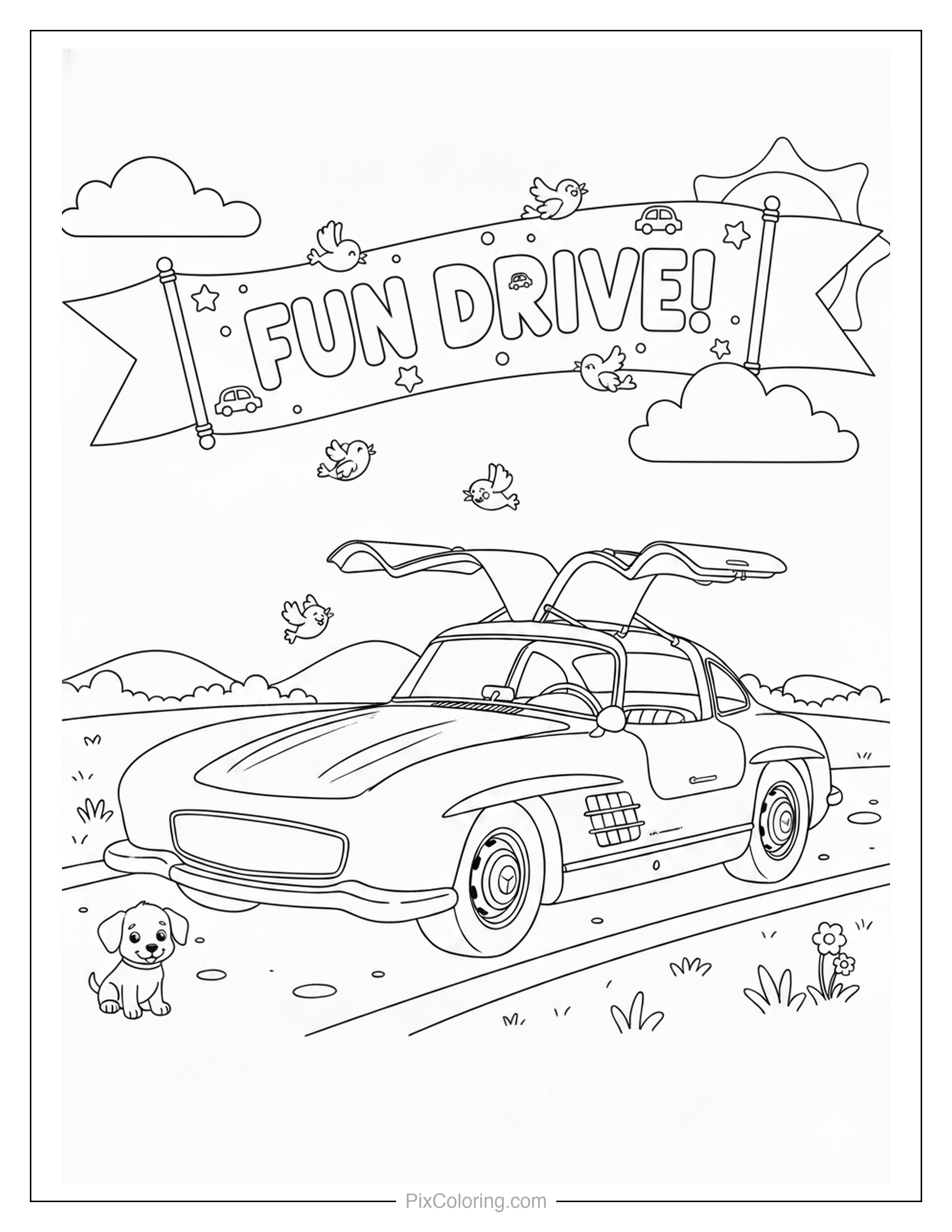Goofy gullwing car with a puppy and fun drive banner with birds and clouds coloring page for kids