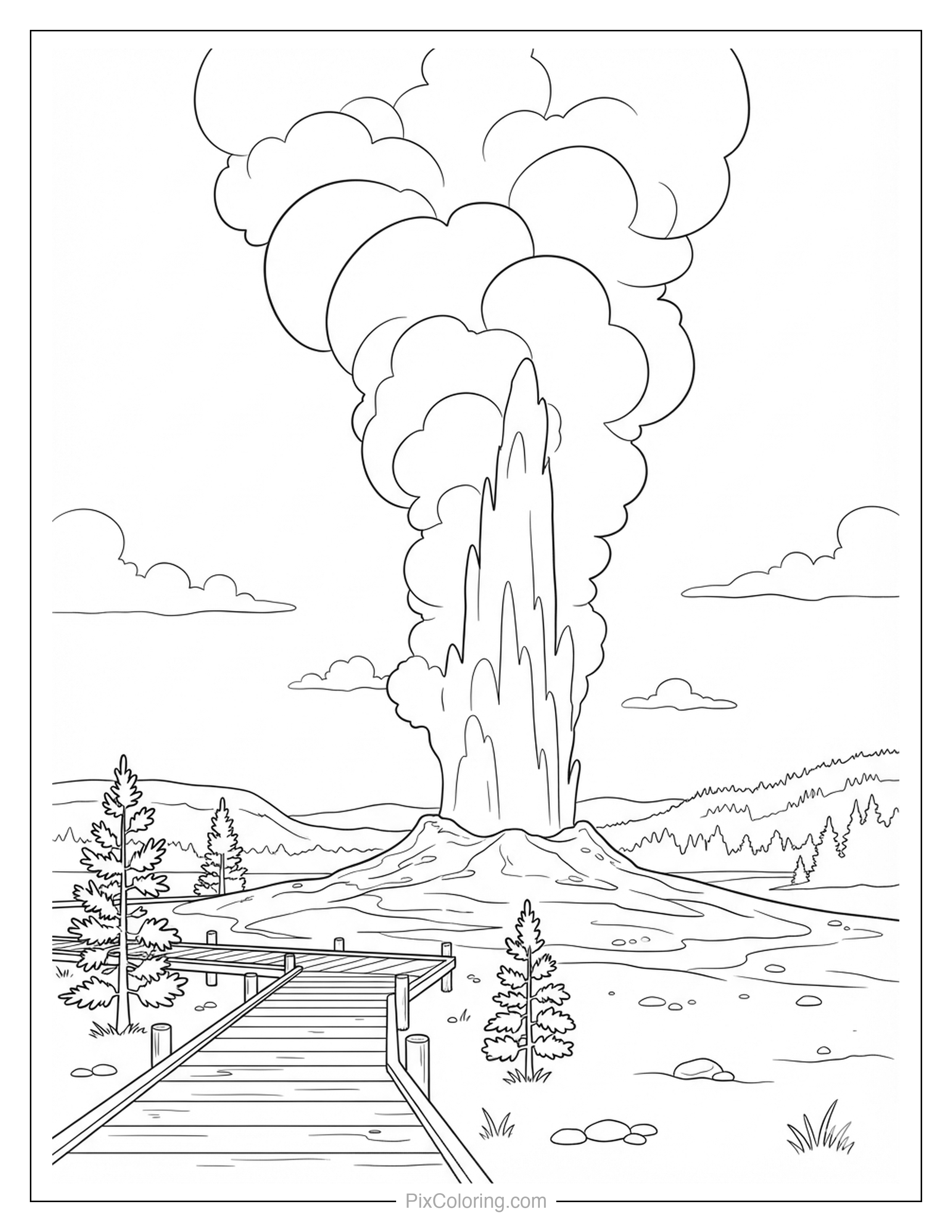 Tall geyser erupting beside a wooden boardwalk lined with pine trees coloring page for kids