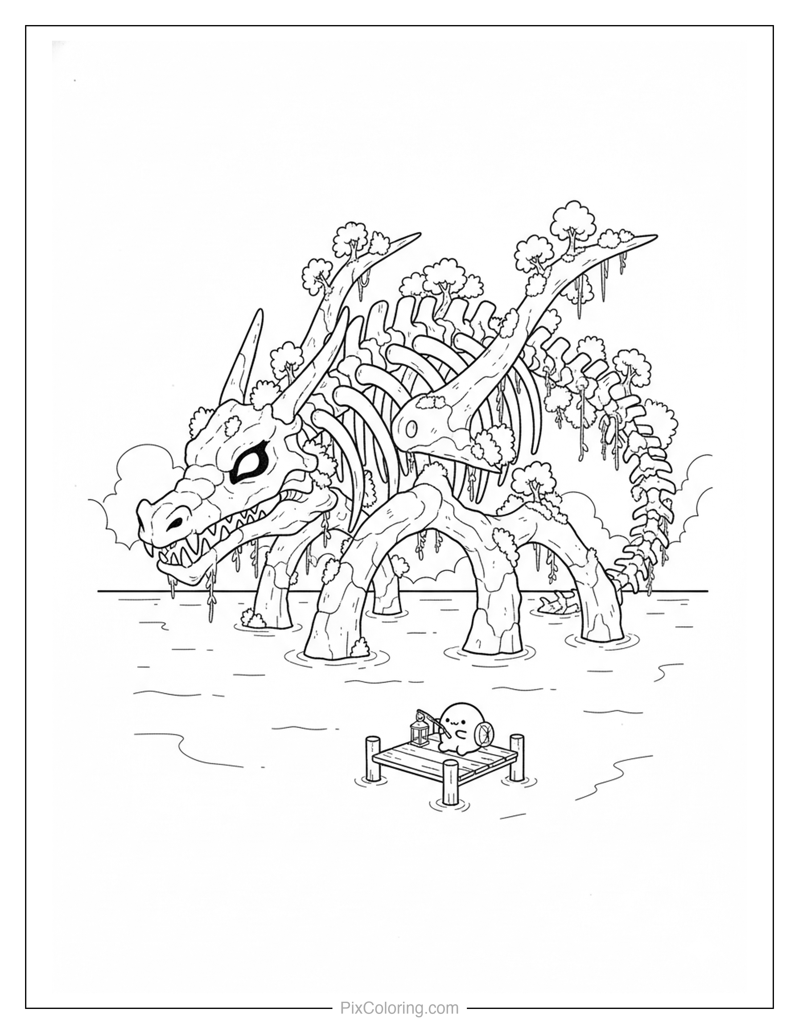 Massive bony skeleton dragon wading through a misty swamp with a tiny adventurer on a bed below coloring page for kids