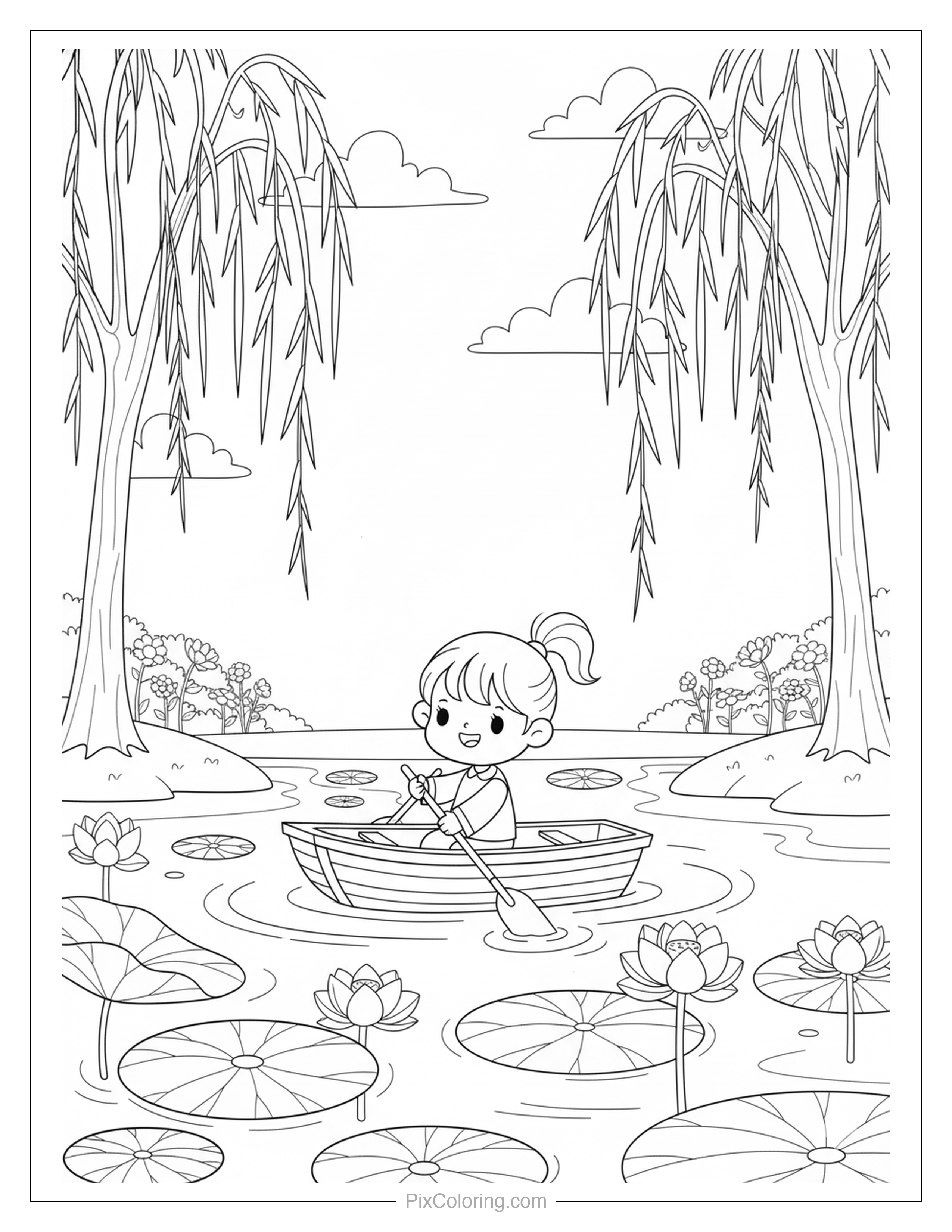 A cute cartoon girl rowing a small wooden boat through a calm lily pond with lotus flowers and tall weeping willow trees coloring page for kids