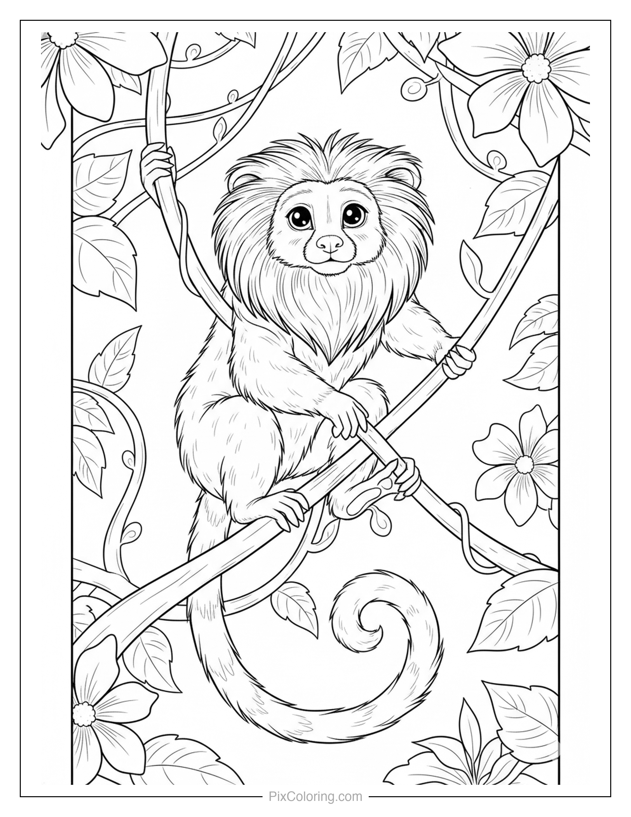 Fluffy golden lion tamarin monkey with a big mane perched on a branch with vines and tropical flowers coloring page for kids