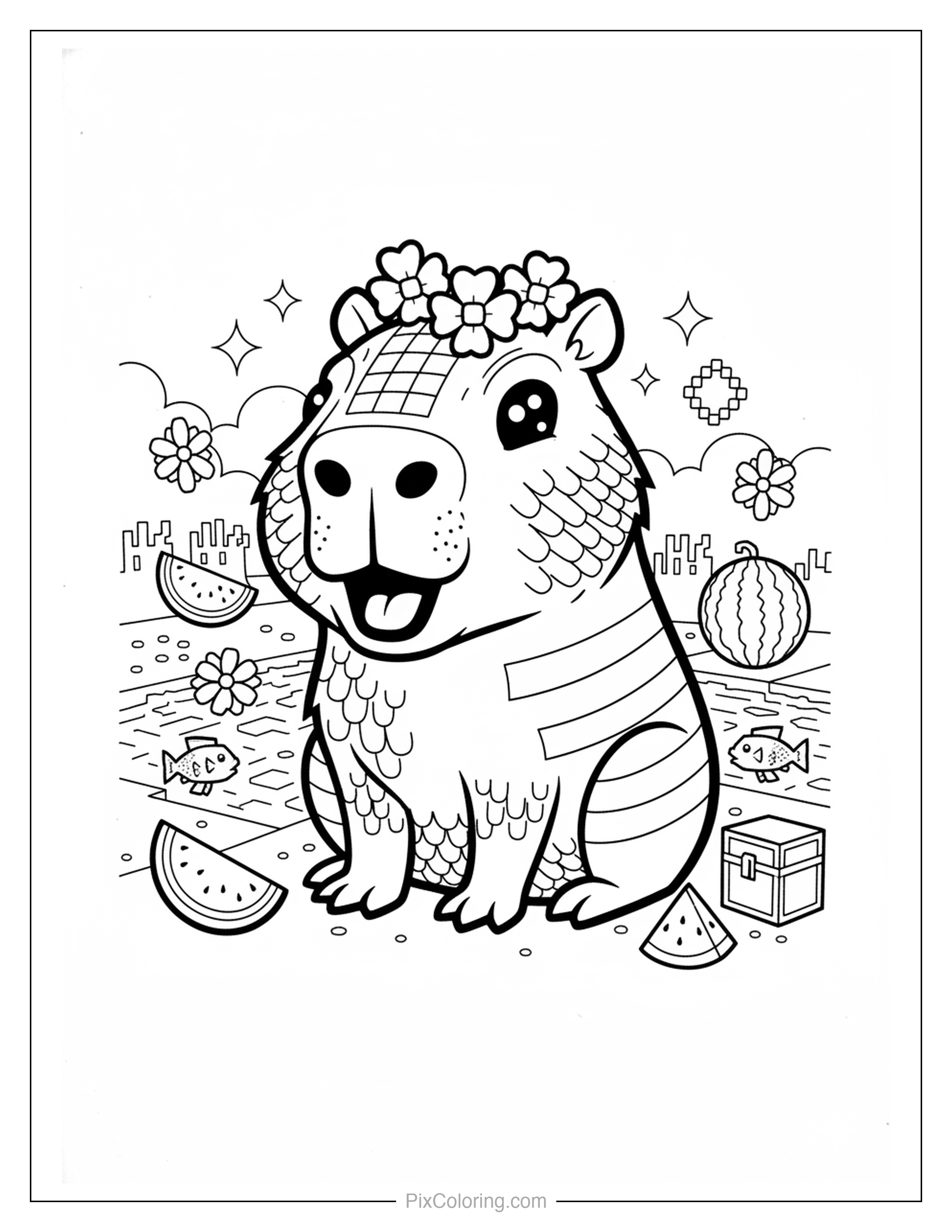 A goofy capybara wearing a flower crown sitting surrounded by watermelon slices, little fish, and daisies coloring page for kids