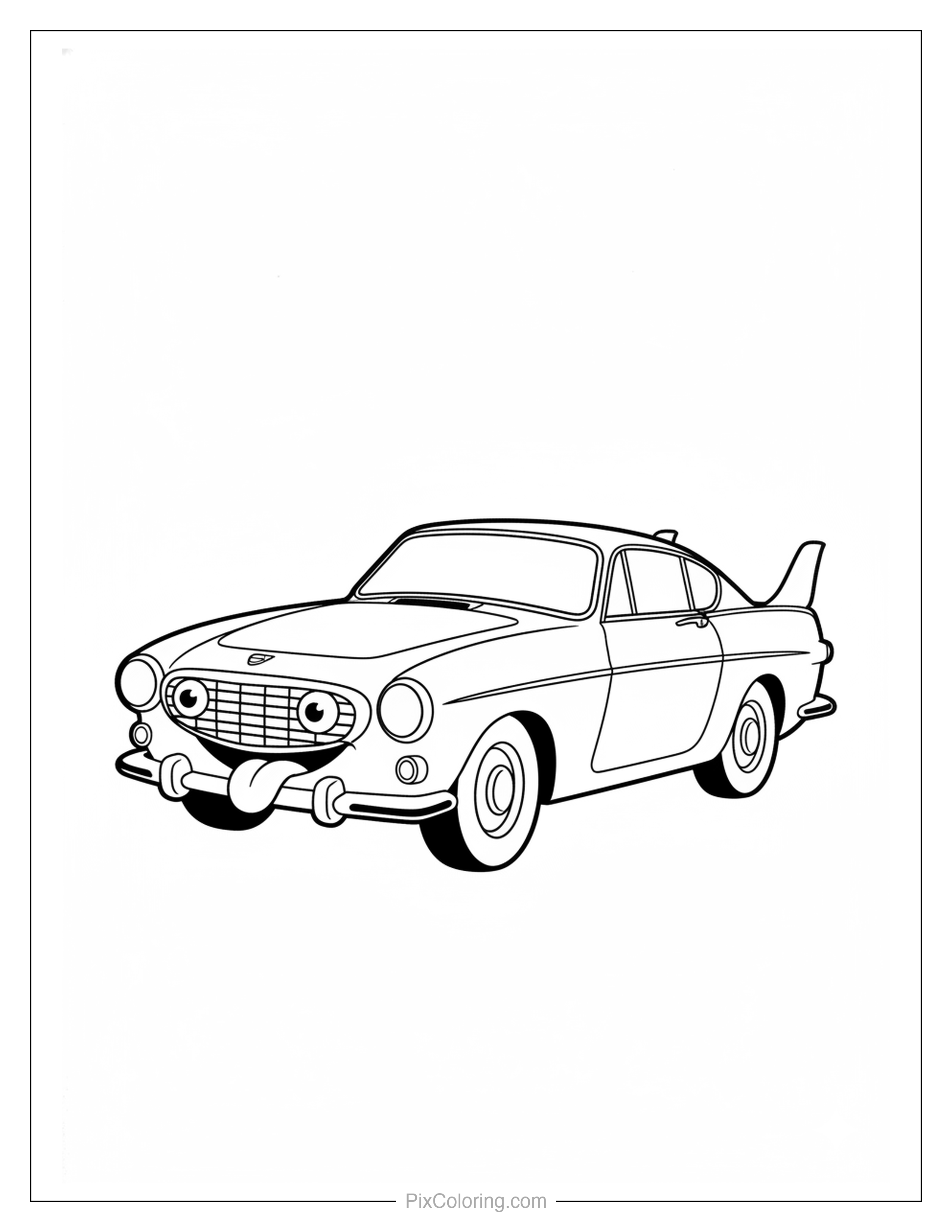 Goofy classic car with googly eyes and tongue sticking out coloring page for kids