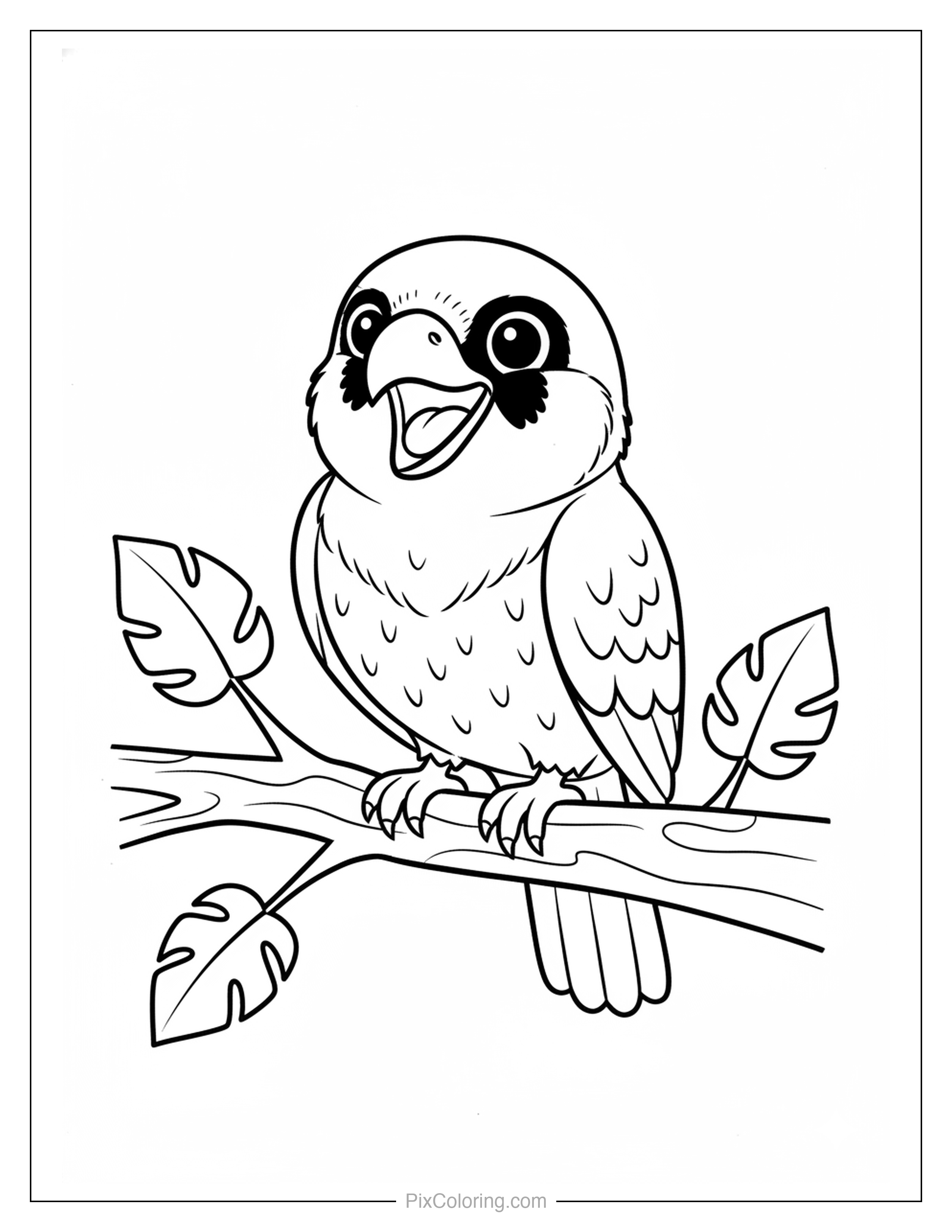 Round little owl with dark eye markings and open beak sitting on a tropical branch with monstera leaves coloring page for kids