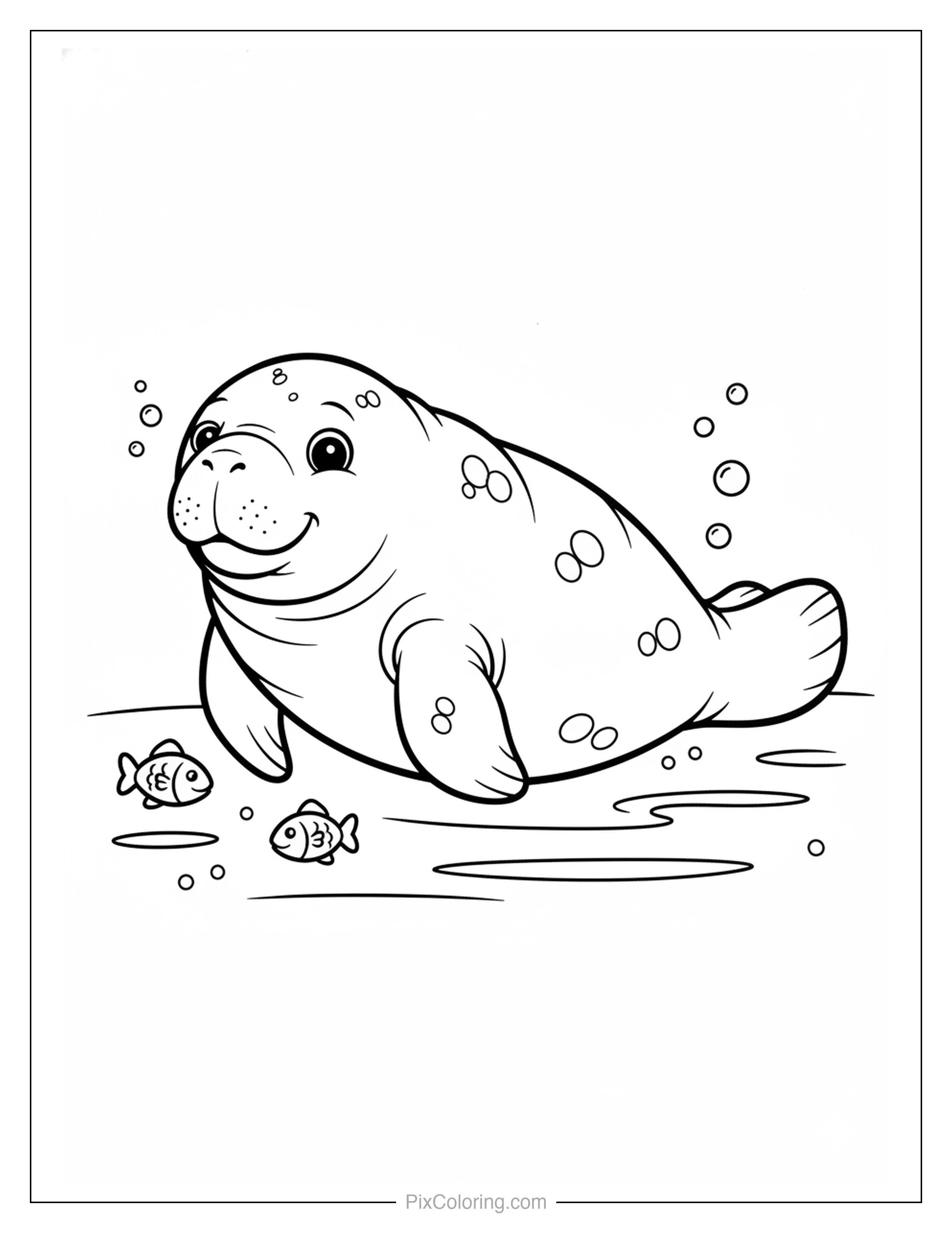 Round goofy manatee with a big smile floating underwater next to two tiny fish with bubbles all around coloring page for kids