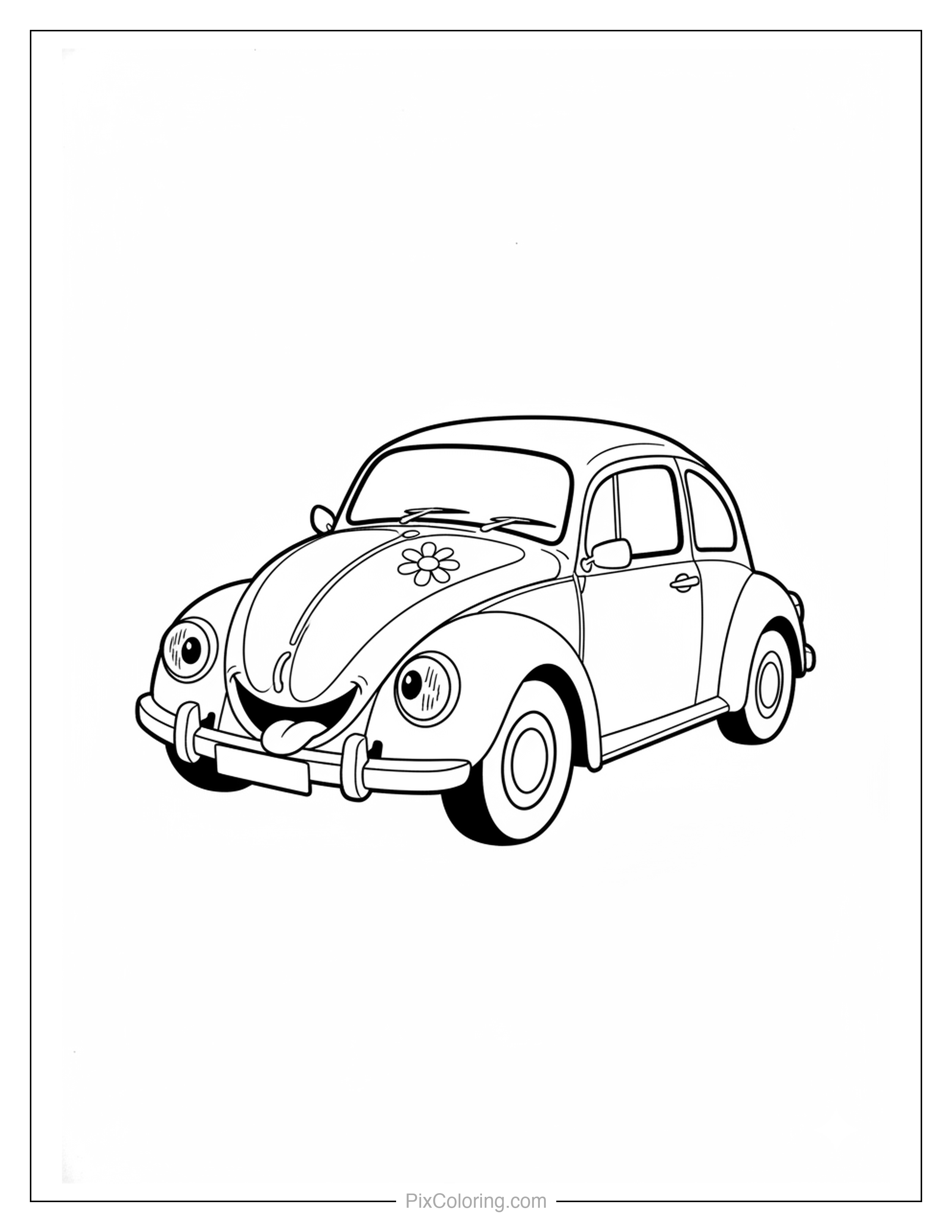 Goofy round Beetle car with googly eyes, a tongue out smile, and a flower on the hood coloring page for kids