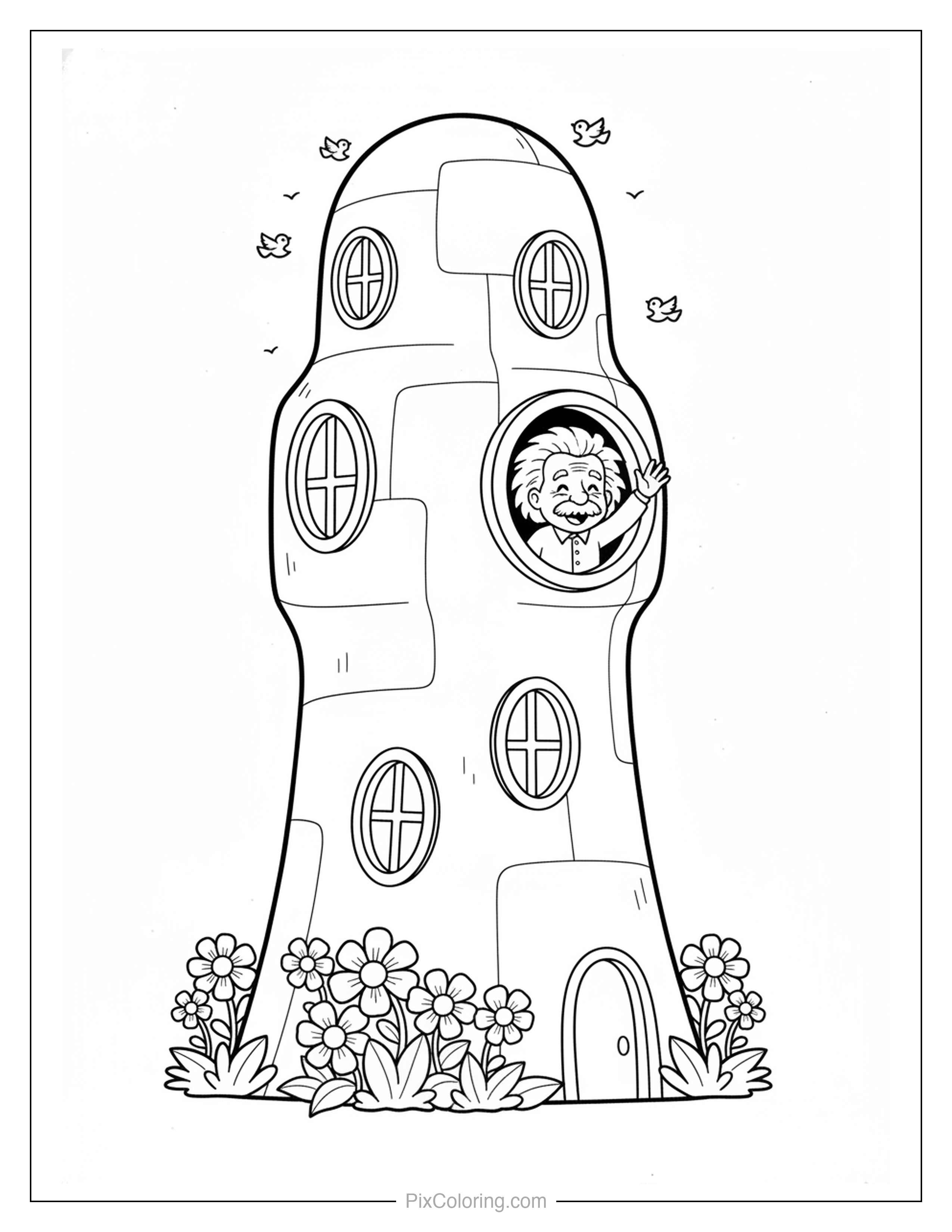 Goofy wizard poking his head out of a window in a tall mushroom-shaped tower with flowers and birds coloring page for kids