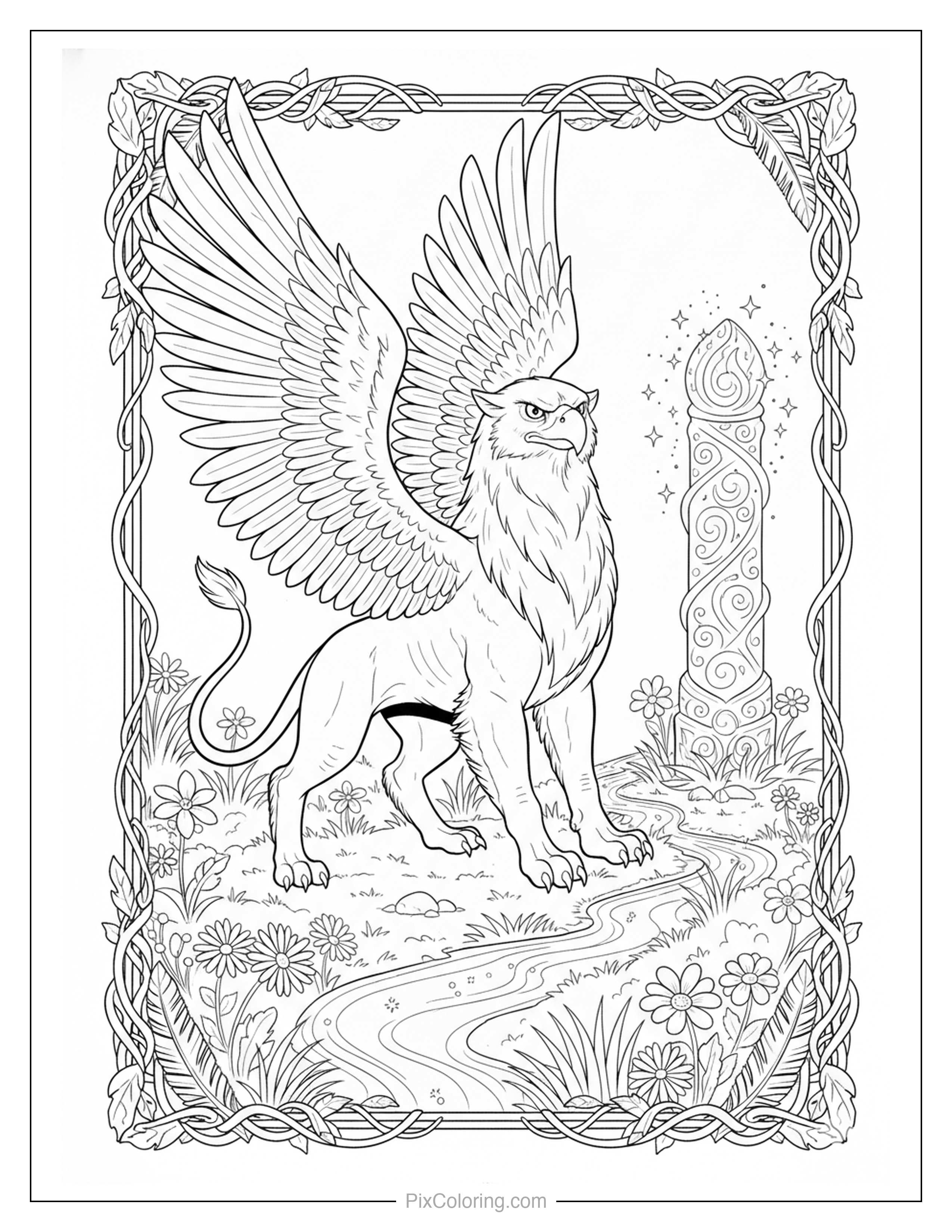 Majestic griffin standing beside an ancient carved stone pillar on a meadow path with a vine border coloring page for kids