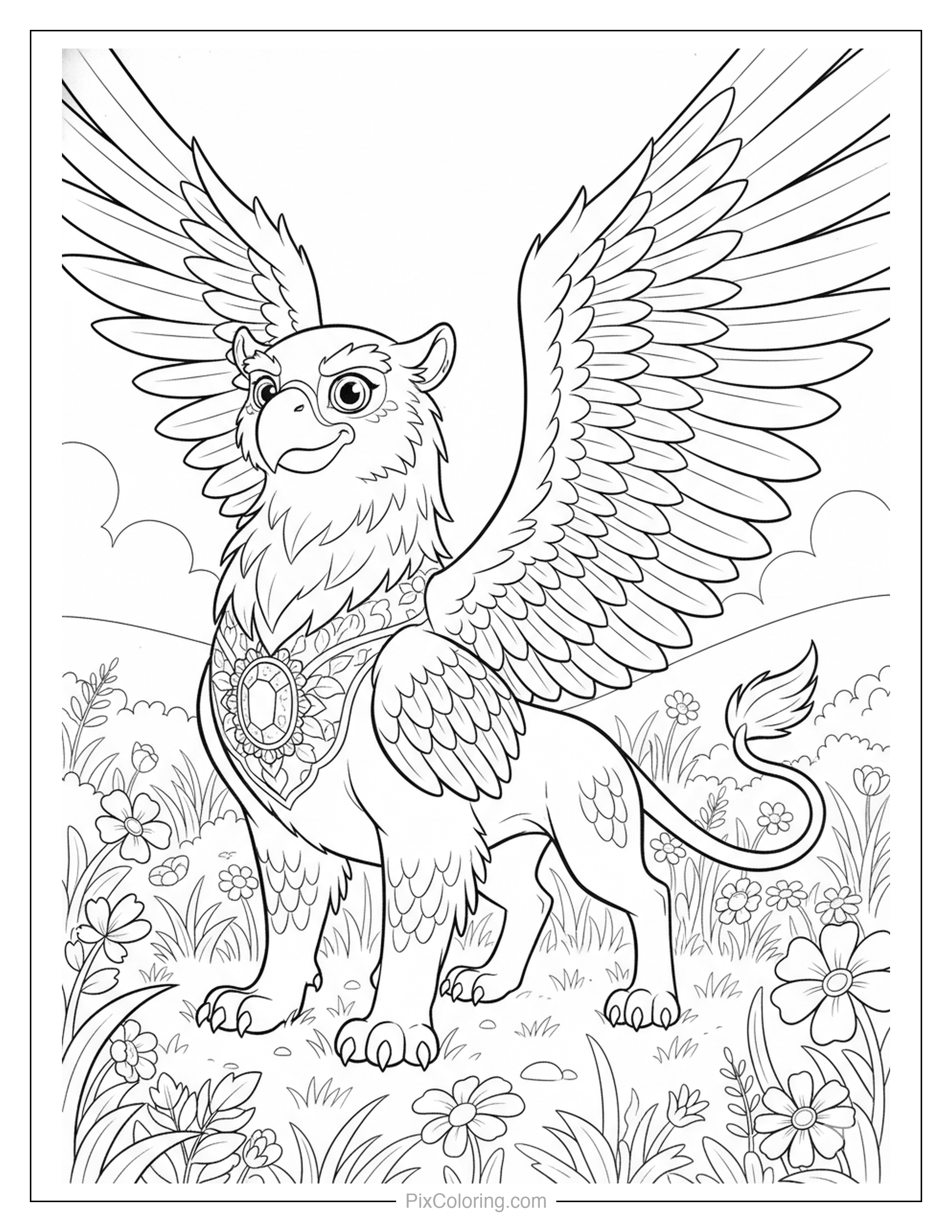 Majestic griffin with wide wings standing in a sunny flower meadow wearing a gem medallion coloring page for kids