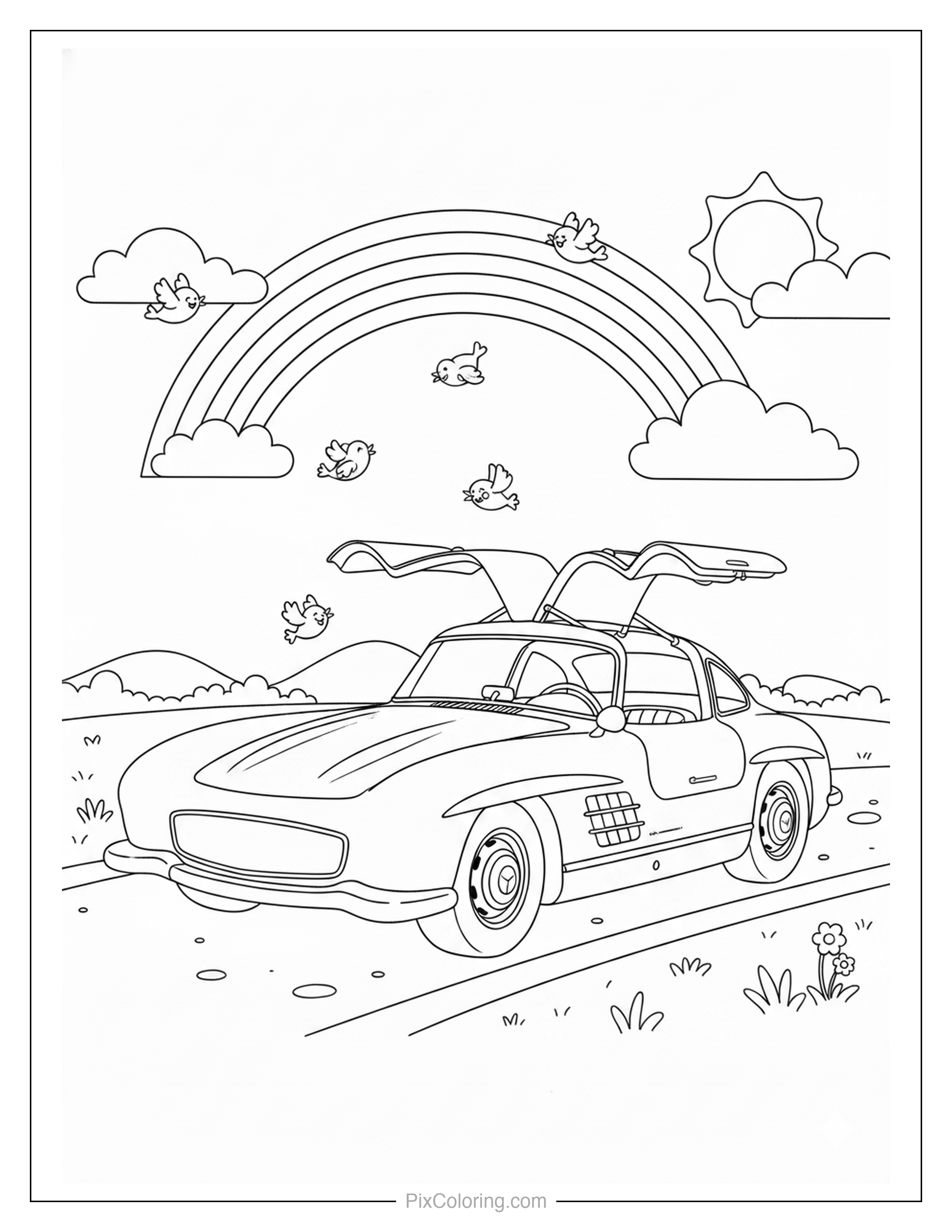 Gullwing car driving under a big rainbow with birds in a sunny sky coloring page for kids