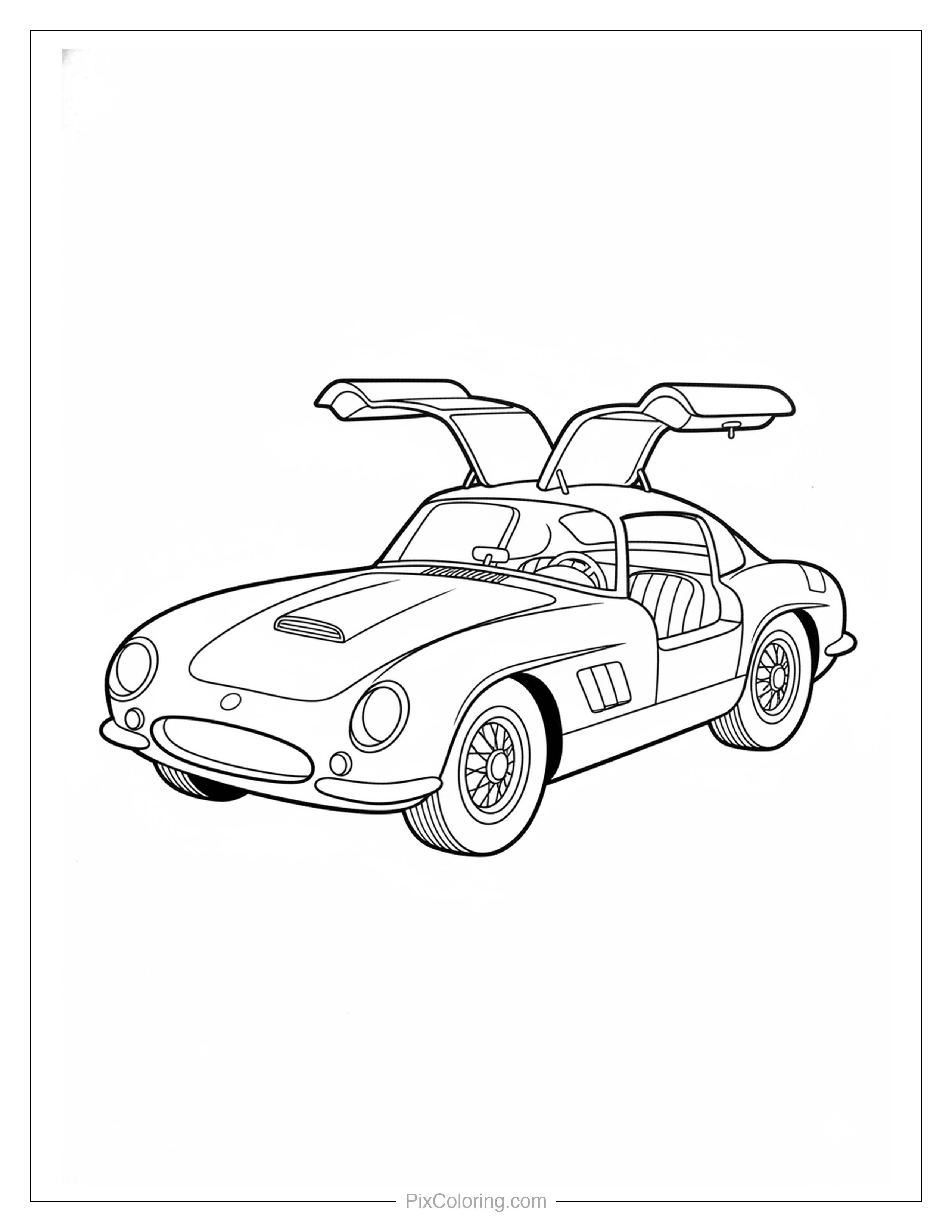 Vintage gullwing sports car with doors open coloring page for kids
