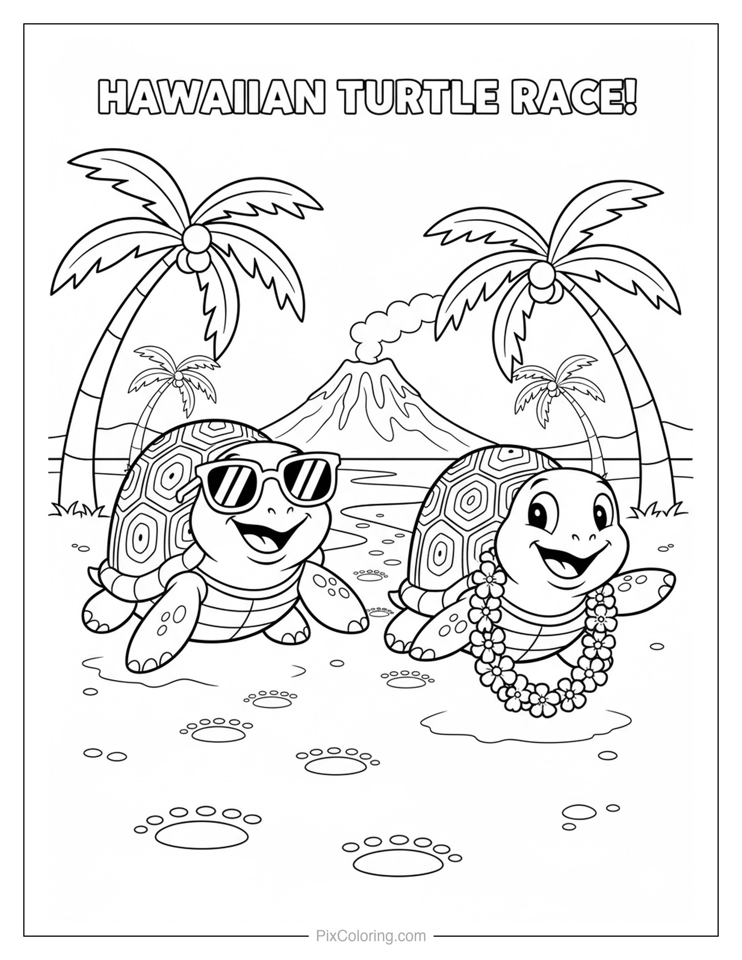 Two goofy Hawaiian turtles racing on a tropical beach, one with sunglasses and one with a lei coloring page for kids