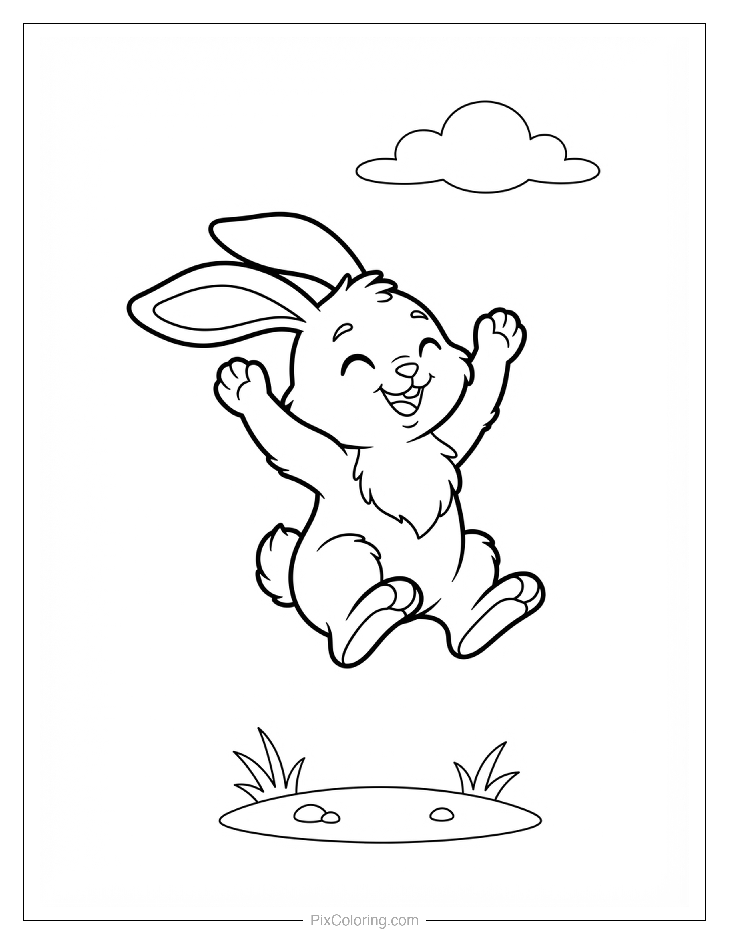 Cheerful cartoon bunny jumping with arms up under a fluffy cloud coloring page for kids