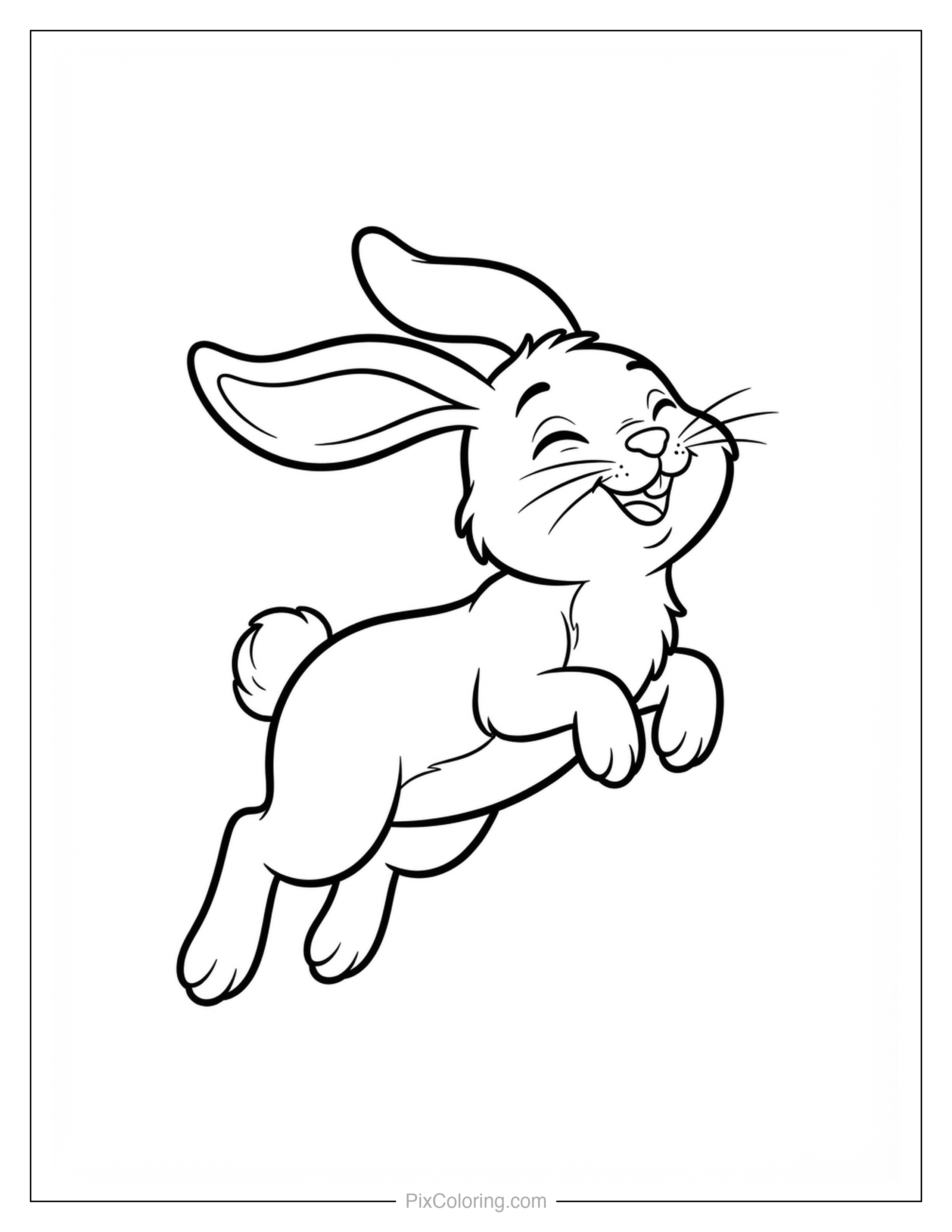Cute cartoon bunny leaping through the air with a joyful expression coloring page for kids