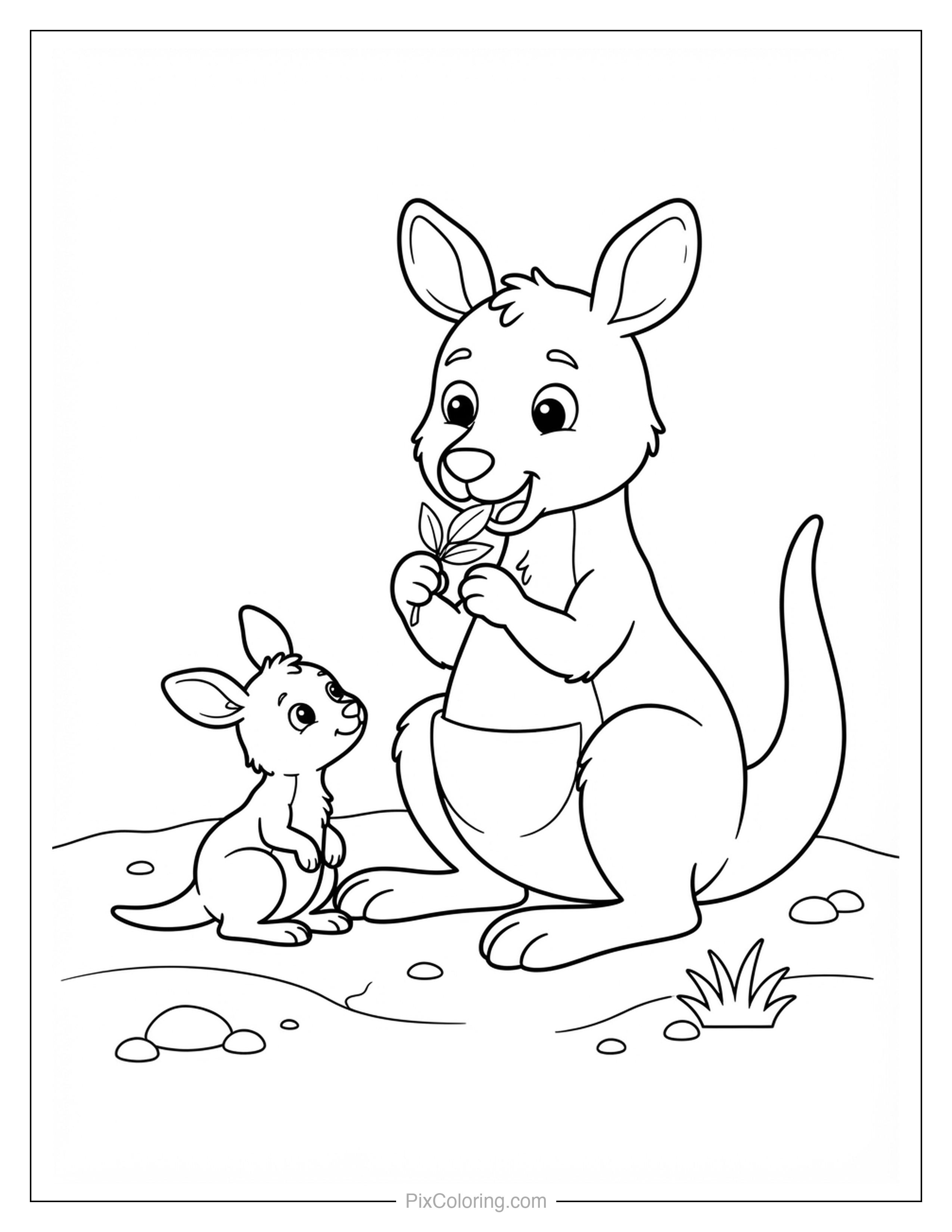 Caring mother kangaroo sharing a leafy snack with her curious joey coloring page for kids
