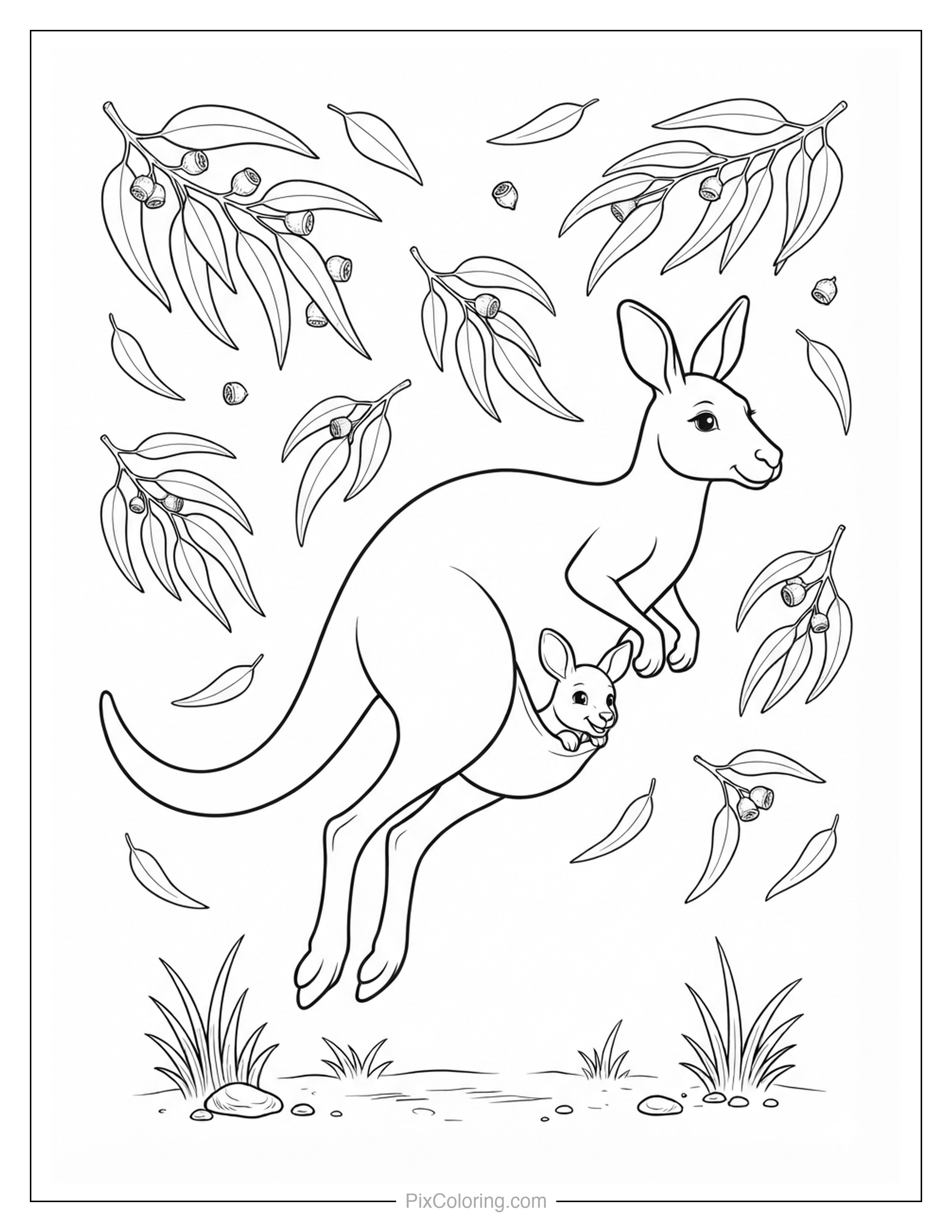 Kangaroo and her joey leaping through falling eucalyptus leaves and gumnuts coloring page for kids